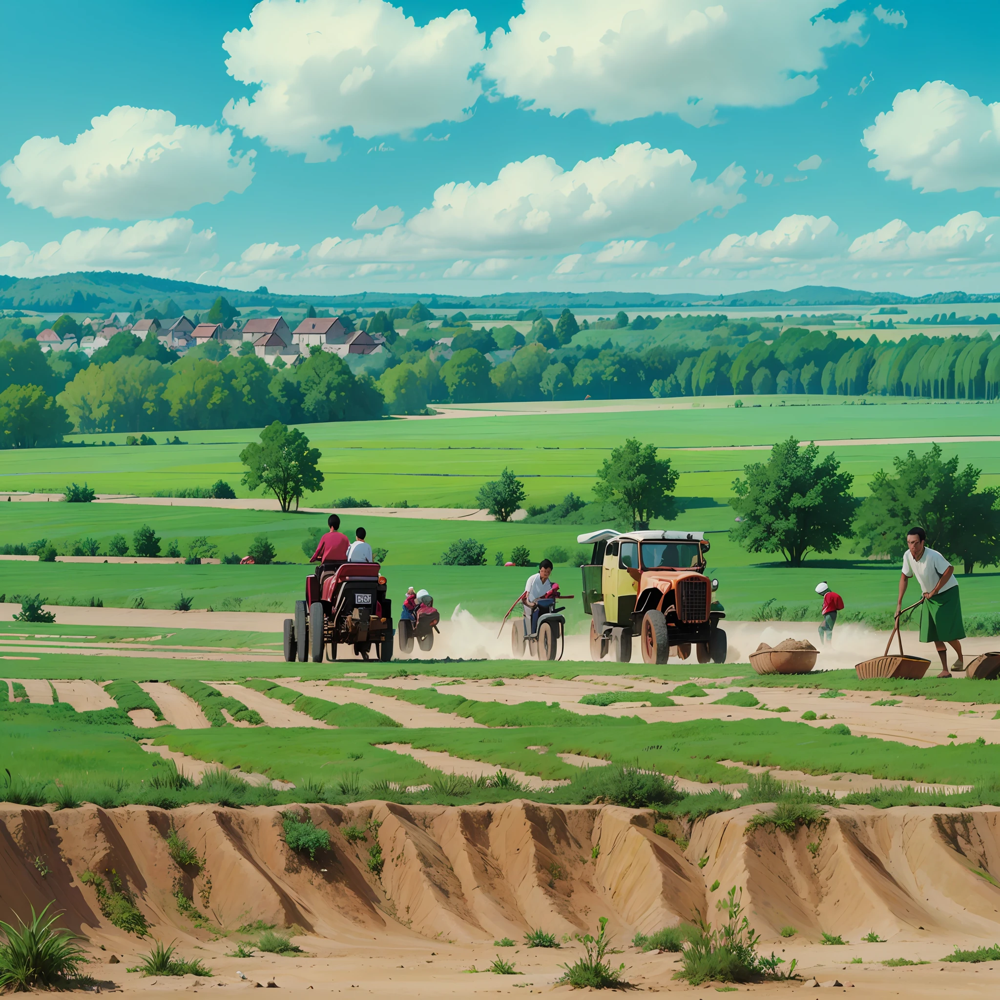 Villagers are ploughing the land and children are playing --auto --s2