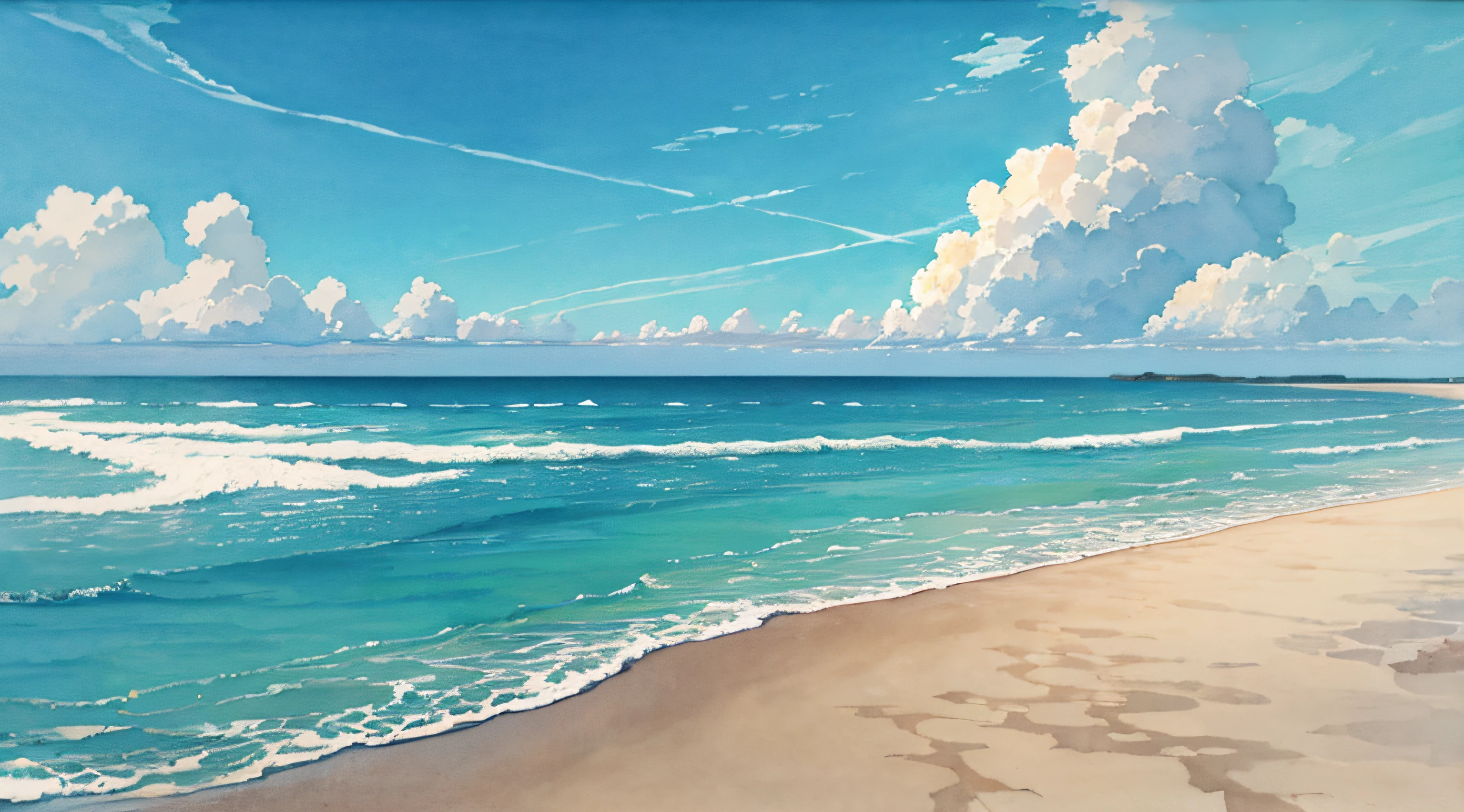 calm sea, crystal clear sea, white sand, resort, (morning: 1.2), ((natural lighting)), clear focus, (long shot: 1.1), watercolor, painting, (summer: 1.2), incoming clouds, horizon