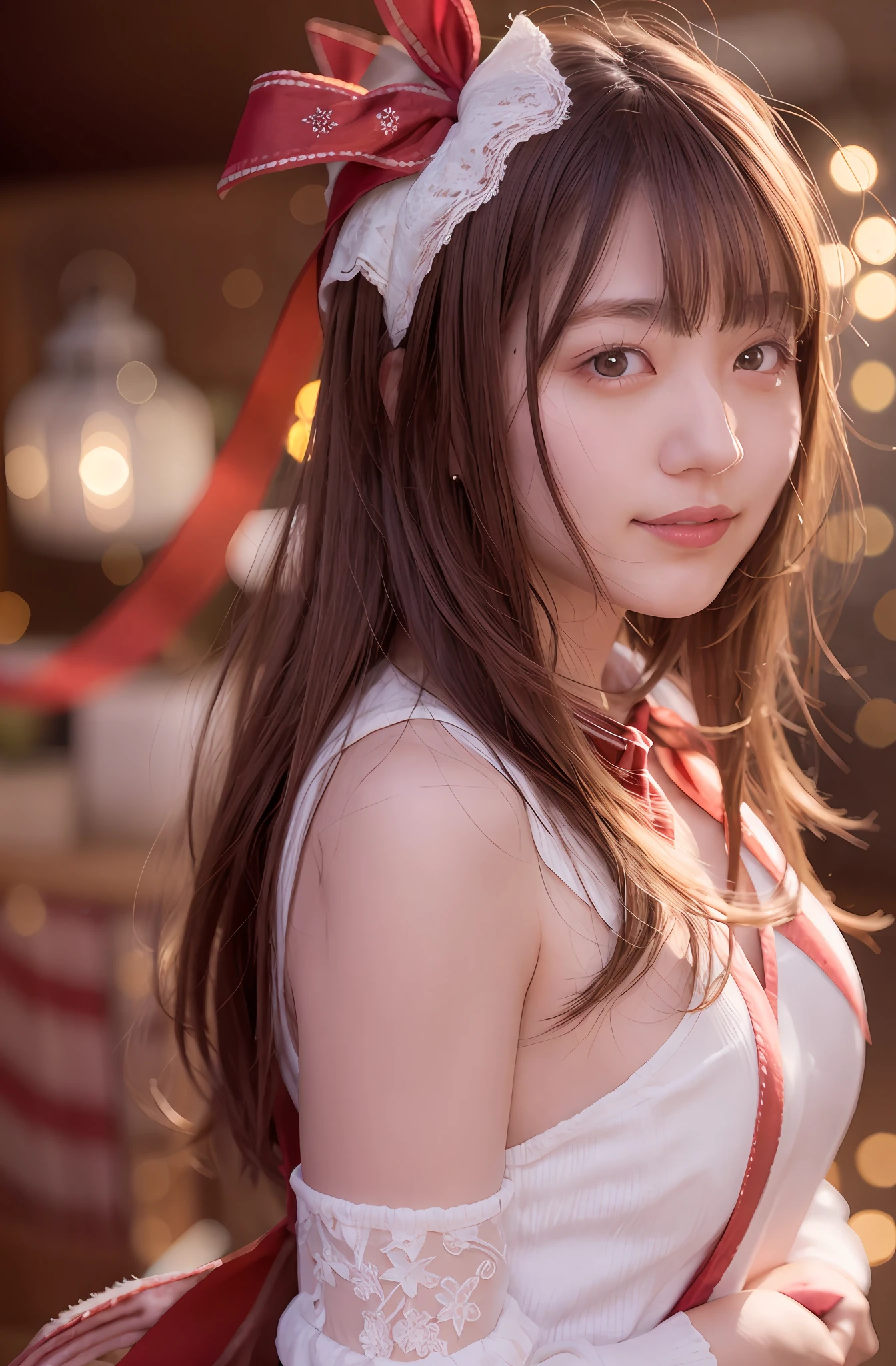(extremely delicate and beautiful:1.2) 1 girl、bangs、blue eye、Blurry、Blurry、background blurred、ribbon、Brown hair、With mouth closed、from side、Hair between both eyes、Hair Ribbon、Lantern、Particles of light、long sleeve、Watching your audience、Medium hair、night、Red Ribbon、solo、star\ (Symbols\)、upper half body、a smiling look、Red lips、Blurred background,real Live