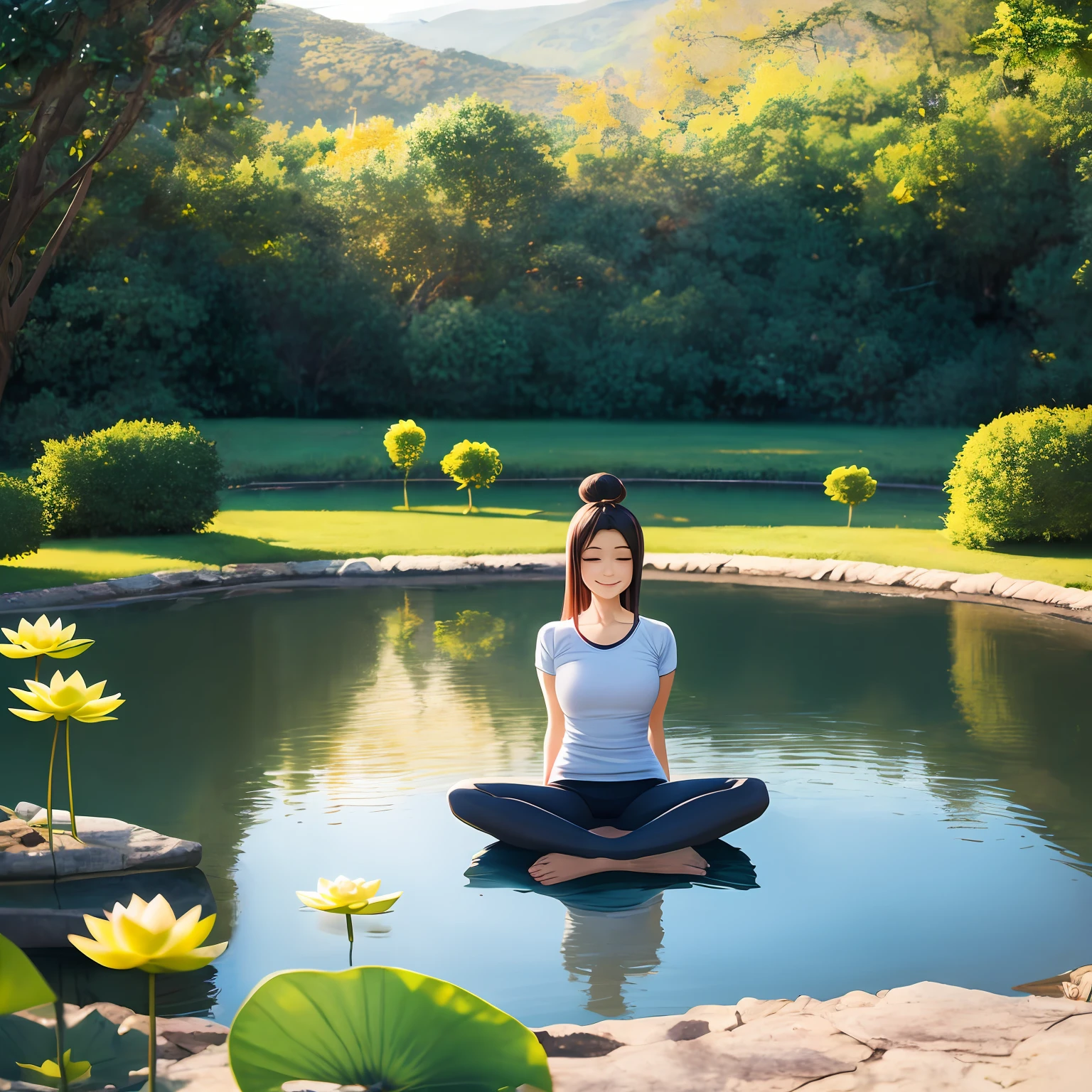 mulher latinha de camisa branca, sitting facing in lotus pose meditating, com os olhos abertos olhando para o espetador, floating above the ground, feliz, sorrindo ligeiramente, foto realista, bokeh, light particles,formato anime japones --auto
