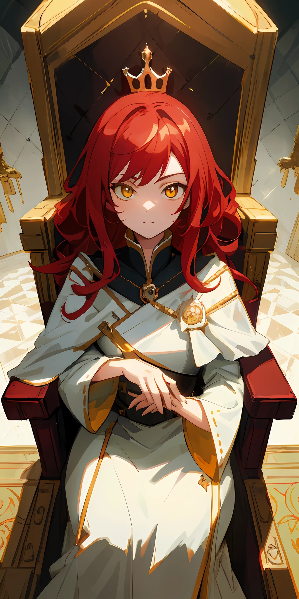1girl, red hair, (extreme-detail-face), (perfect-anatomy), (perfect-lighting), (perfect masterpiece) , beautiful hair, beautiful eyes, yellow eyes, sadistic facial expression, Throne room, sitting on throne, royal princess, high quality, sharp details, best lighting, best composition, masterpiece , 4k ultra hd, 8k, 4k wallpaper , anime wallpaper 4k, excellent-color science, clear-details