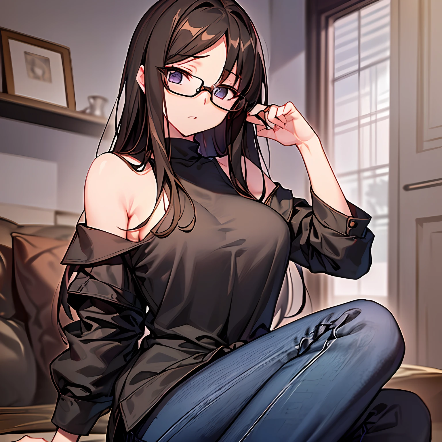 ultra- detailed、((Master Masterpiece、maximum quality、extra detailed))、Hard rim lighting、((Dramatic lighting))、Sharp focus、One Girl、Code Geass、C.C.、Dark hair、Black-rimmed glasses、The whole body、Shirt、jeans、Small breasts、Slender