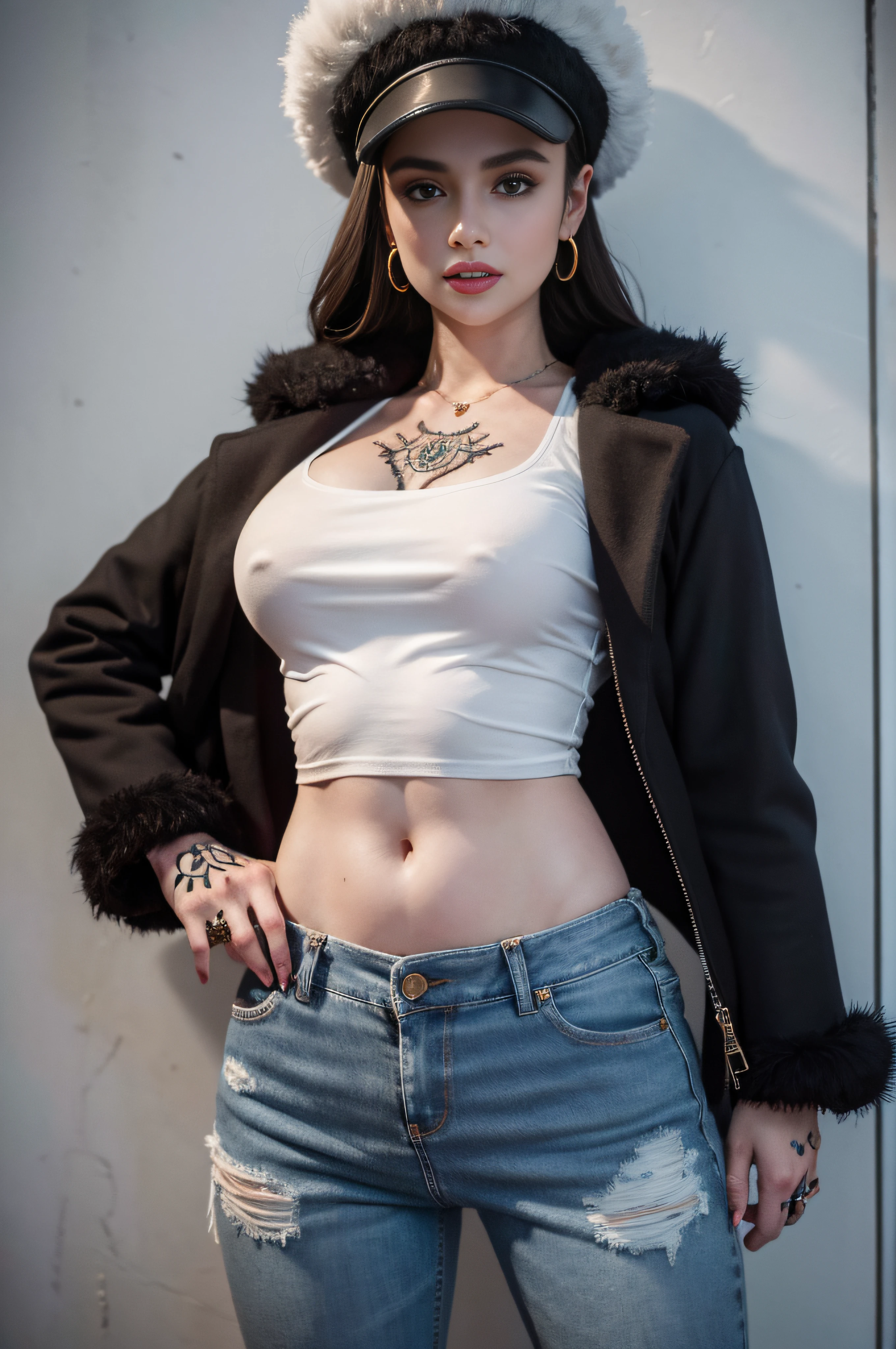 masterpiece, best quality, 8k,highestres, absurdres, extremely detailed, female trafalgar law, 1girl, 1sword, solo, looking at viewer, long hair, medium built, hat, navel, earrings, midriff, pants, coat, fur trim, denim, jeans, shoulder tattoo, hand tattoo, finger tattoo, black fur-trimmed coat, coat on shoulders, yellow tank top,///,