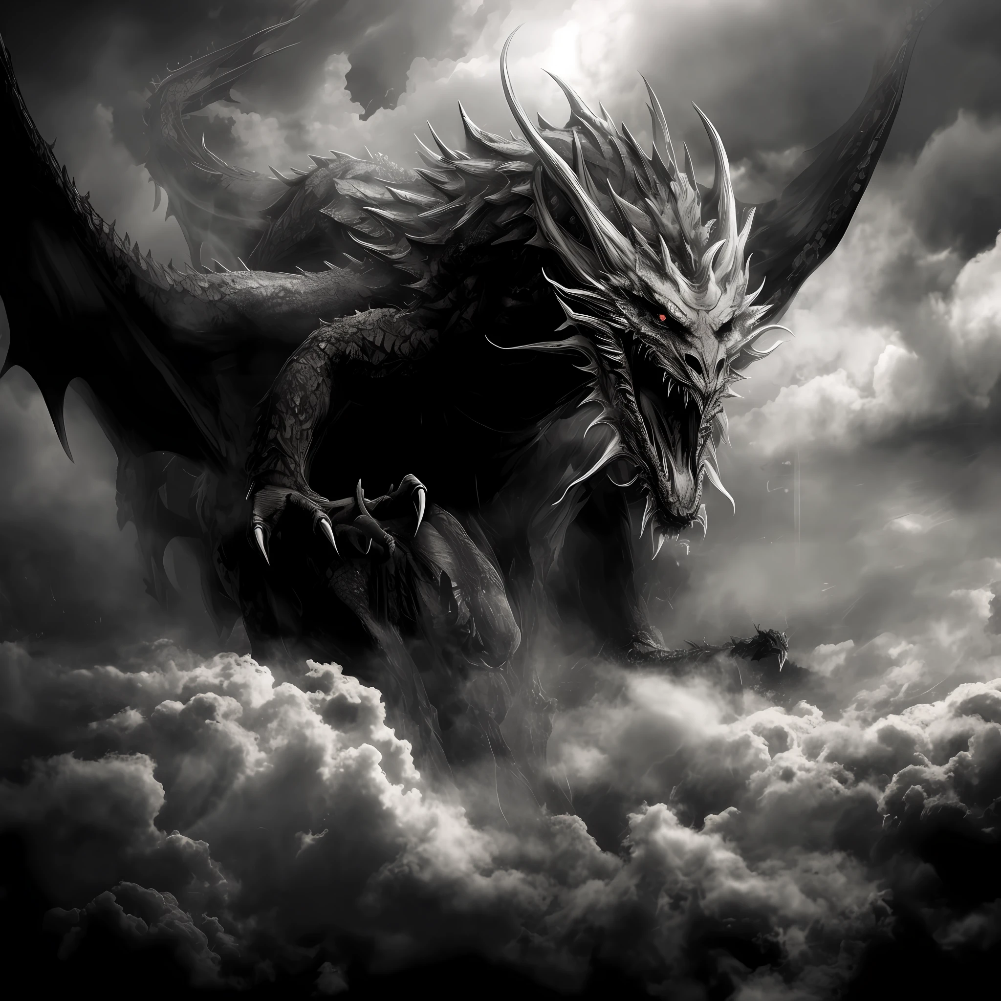 a close up of a dragon flying through a cloudy sky, Black Dragon, a dragon made of clouds, epic dragon, the devil in hell as a dragon, dragon flying in sky, a majestic gothic dragon, dragon flying in sky, alduin, giant dragon flying in the sky, Dragon in the sky, dragon flying, god of dragons, ancalagon the black