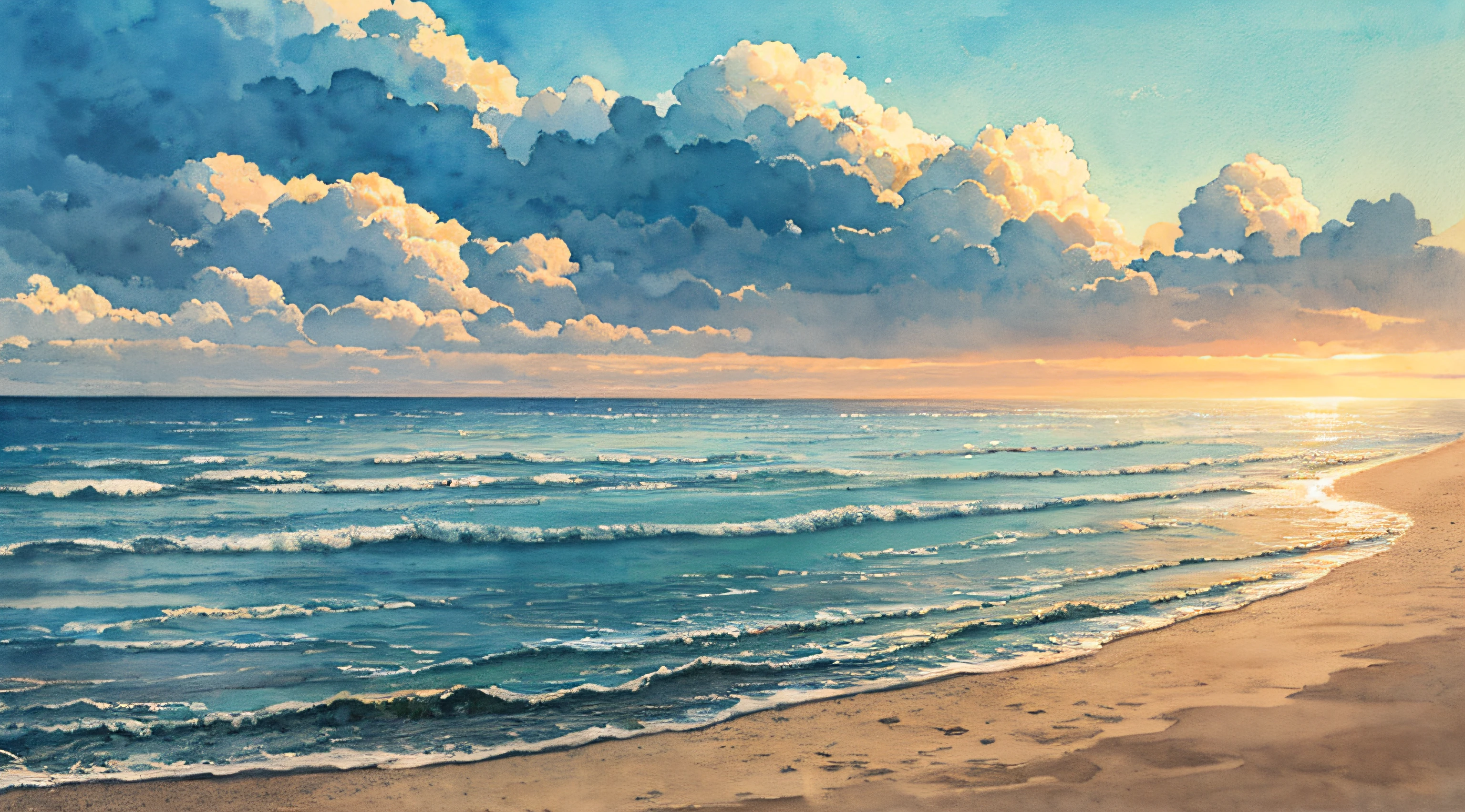calm sea, crystal clear sea, white sand, resort, (morning: 1.2), ((natural lighting)), clear focus, (long shot: 1.1), watercolor, painting, (summer: 1.2), incoming clouds, horizon