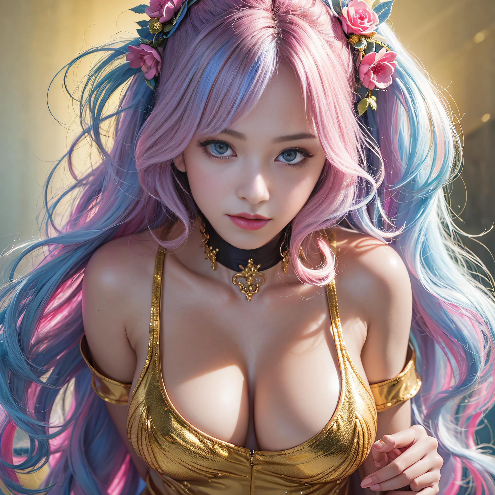 1 Girls,
upper body,
portrait,
(Curvaceous body:0.8),
Shoulders exposed,
The hand is in front of the navel,
Angel Face,
detailed face,
with backlight,
Facial light,
(Smileing),
(The perfect female figure),
(sharpening Focus),
(Realistic Moisture Skin),
Detail Eyes,
(Curvaceous body:0.8),
(Wavy hair:1.2),
(Light blue and pink hair:1.2),
(Two-side-up),
choker,
Golden costume,
maximum quality,
ultra-high-res,
(photo-realistic),
(face focus:1.2),
(character focus),
hetero,
(pureerosface_v1:0.6),