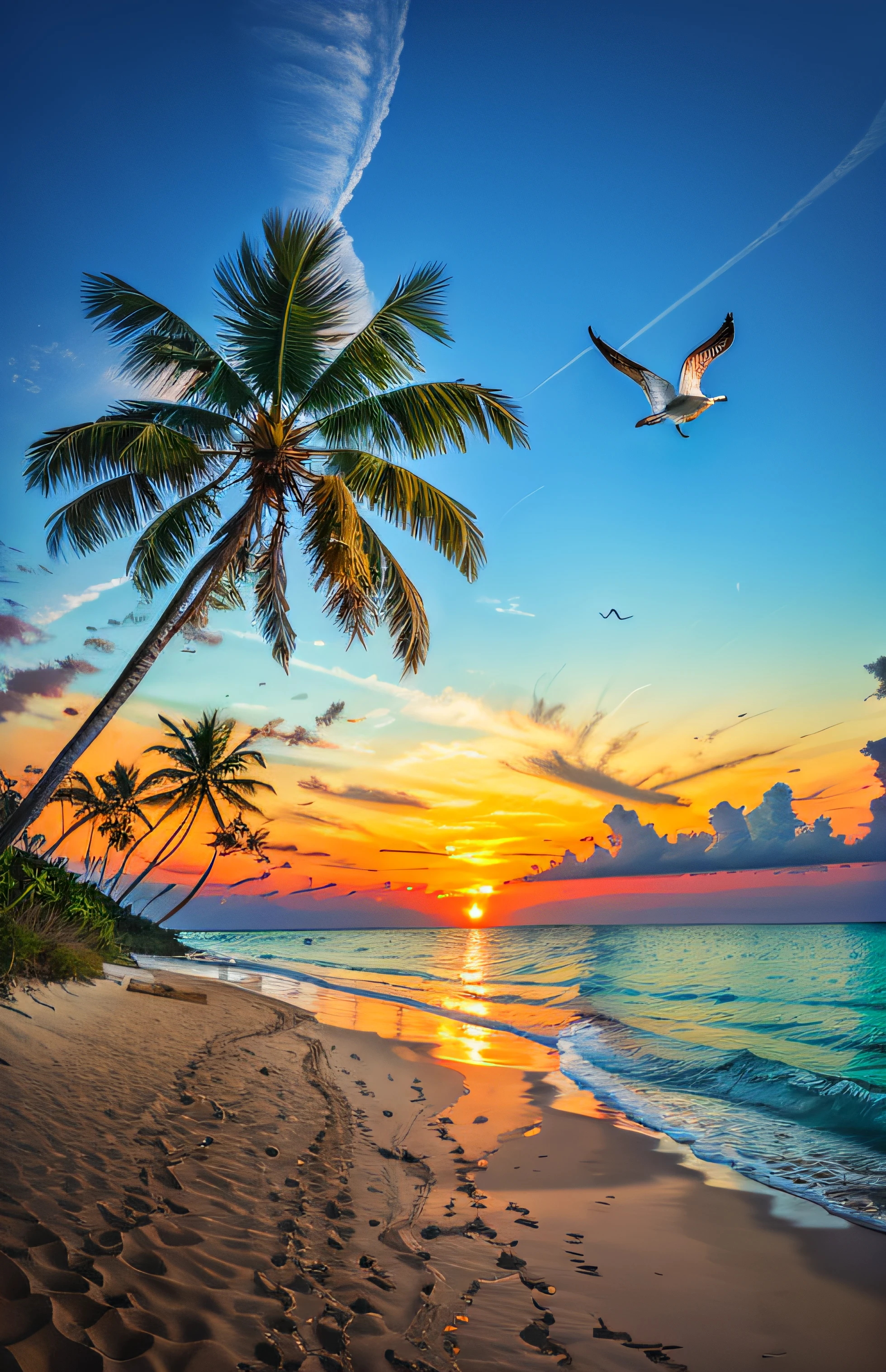 An absolutely mesmerizing sunset a young man of 25 years, afro descendant, muscular, ((tanned skin))on the beach, with a mixture of oranges, pinks and yellows filling the sky. The crystal clear waters of the sea gently kiss the coast, with a white sand beach stretching throughout. The scene is dynamic and breathtaking, with seagulls soaring high in the sky and palm trees swaying gently. Soak up the soothing atmosphere and let the tranquility take over you.