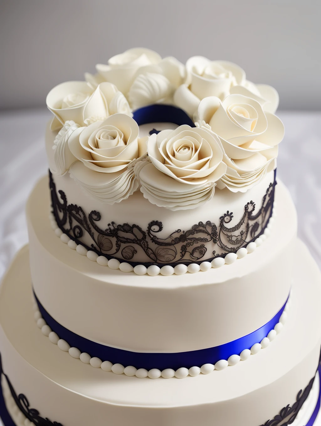 Masterpiece, Minimalism, close-up view, product close-up photo extremely detailed, beautiful and luxury designed traditional wedding cake, laces, flowers, richly decorated, 8k, uhd, soft lighting.