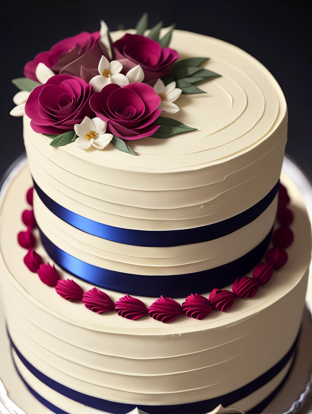 Masterpiece, Minimalism, close-up view, product close-up photo extremely detailed, beautiful and luxury designed traditional wedding cake, laces, flowers, richly decorated, 8k, uhd, soft lighting.