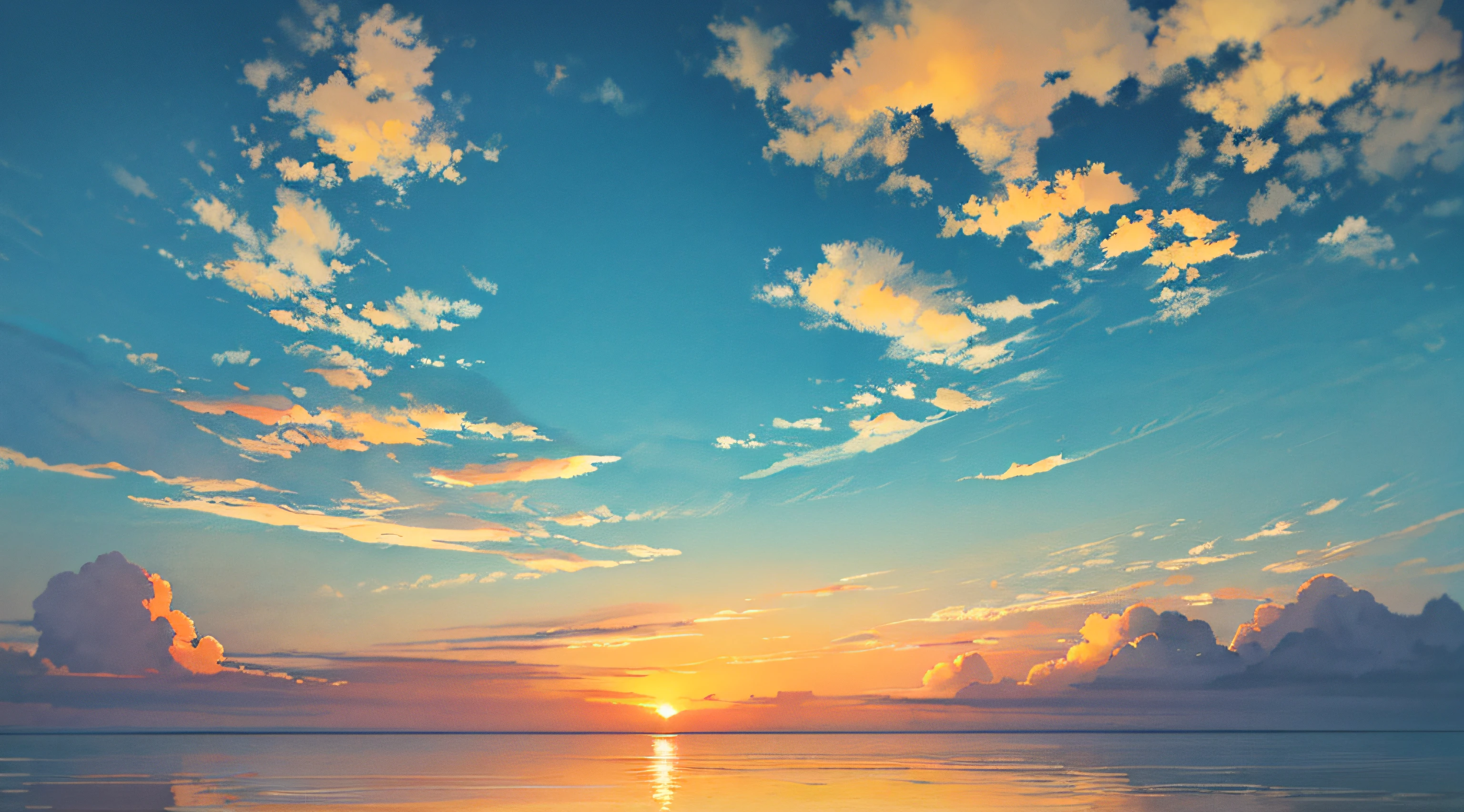 calm sea, crystal clear sea, white sand, resort, (sunset: 1.2), ((natural lighting)), clear focus, (long shot: 1.1), watercolor, painting, (summer: 1.2), incoming clouds, horizon