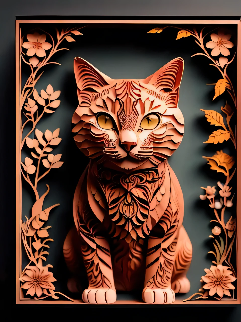 masterpiece, best quality,
RAW photo,cat, (high detailed skin:1.2), 8k uhd, dslr, soft lighting, high quality, film grain, Fujifilm XT3,
regal, fractal, 3d depth, intricate designs, delicate patterns, shadowbox frame, silhouette, kirigami, scherenschnitte,
jianzhi,