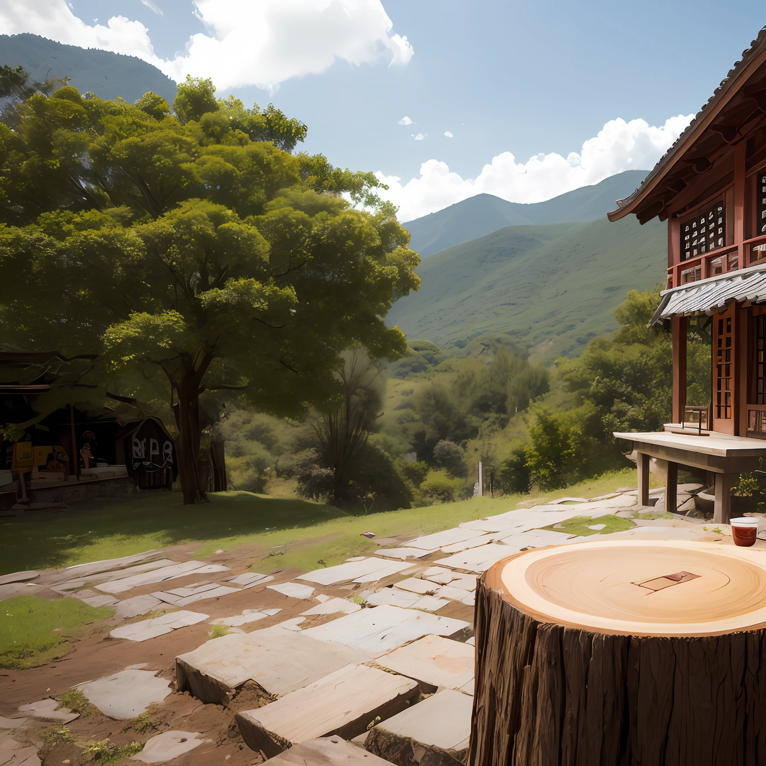 Obra prima, fotografia DSLR, a cup of tea on top of a wooden stump, estilo inspirado em escher, china country, photobashing, tags atraentes, fotorrealista, ultrarealista -- ar 4:7 --auto