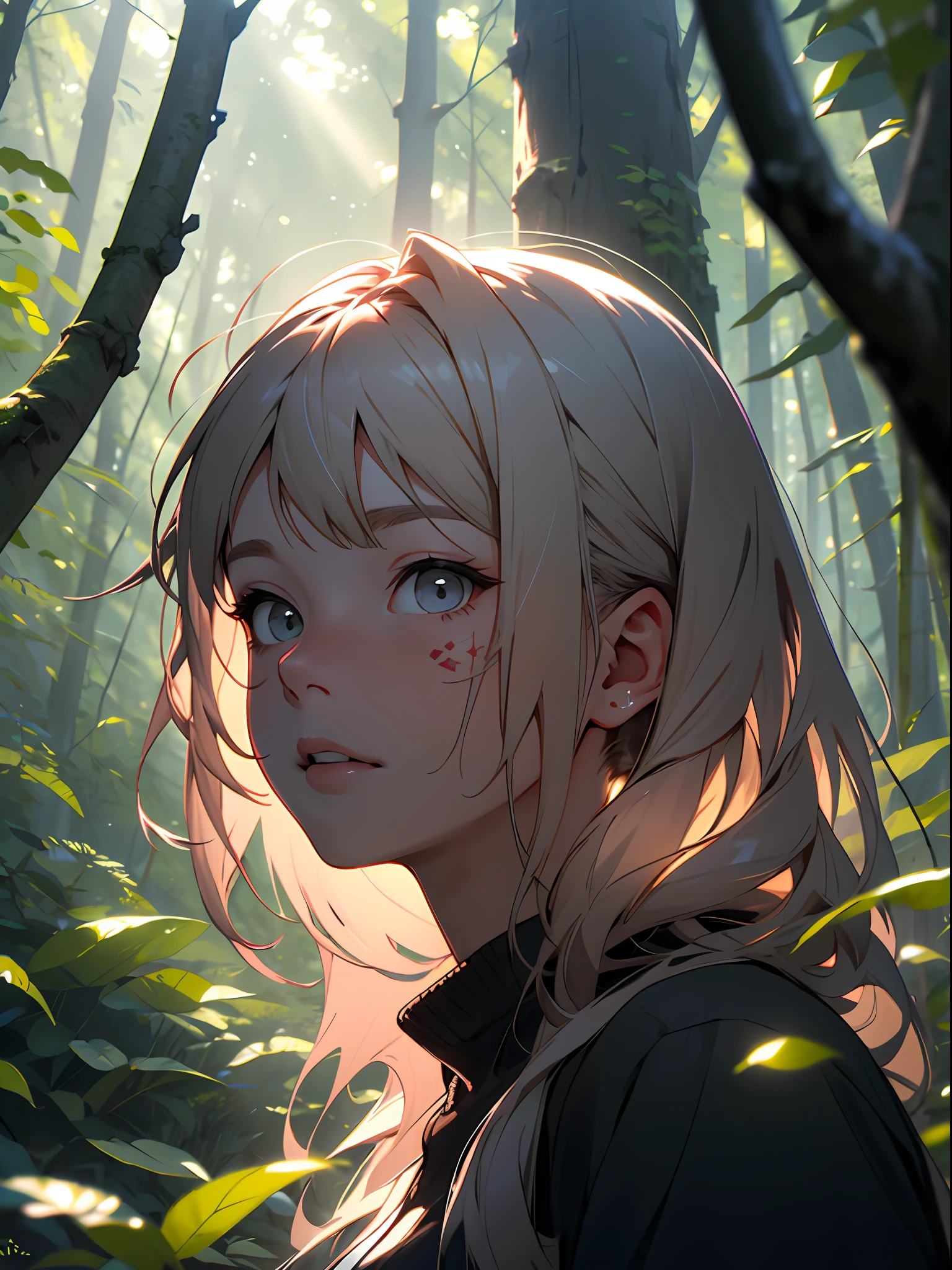 A girl in the forest with sunlight on her face