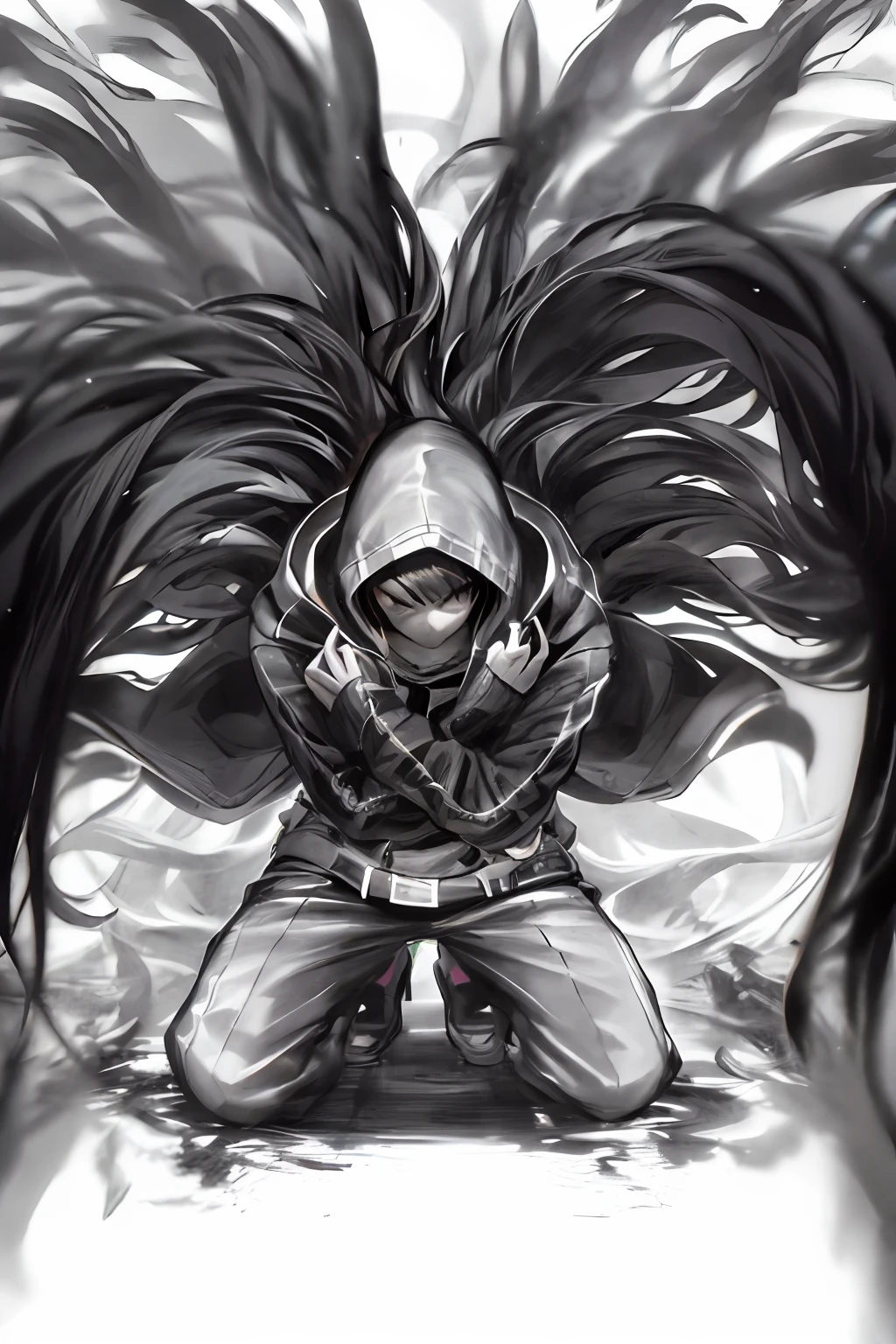 a drawing of a person with long hair and a hoodie, inspired by Sugimura Jihei, inspired by Ib Eisner, inspired by Kawabata Ryūshi, advanced digital anime art ”, epic anime style, dark high-contrast concept art, death note style, black and white manga style, digital art from danganronpa, advanced anime digital art