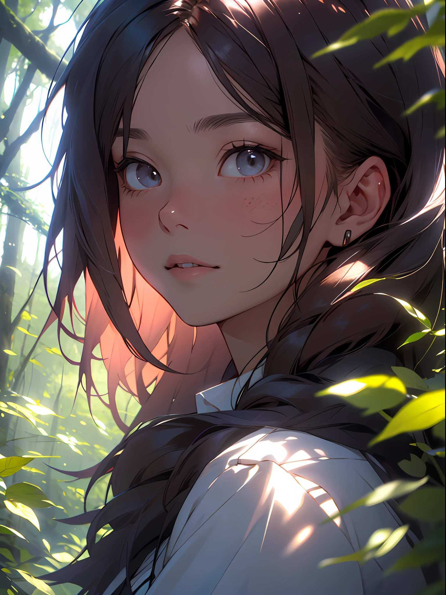 A girl in the forest with sunlight on her face