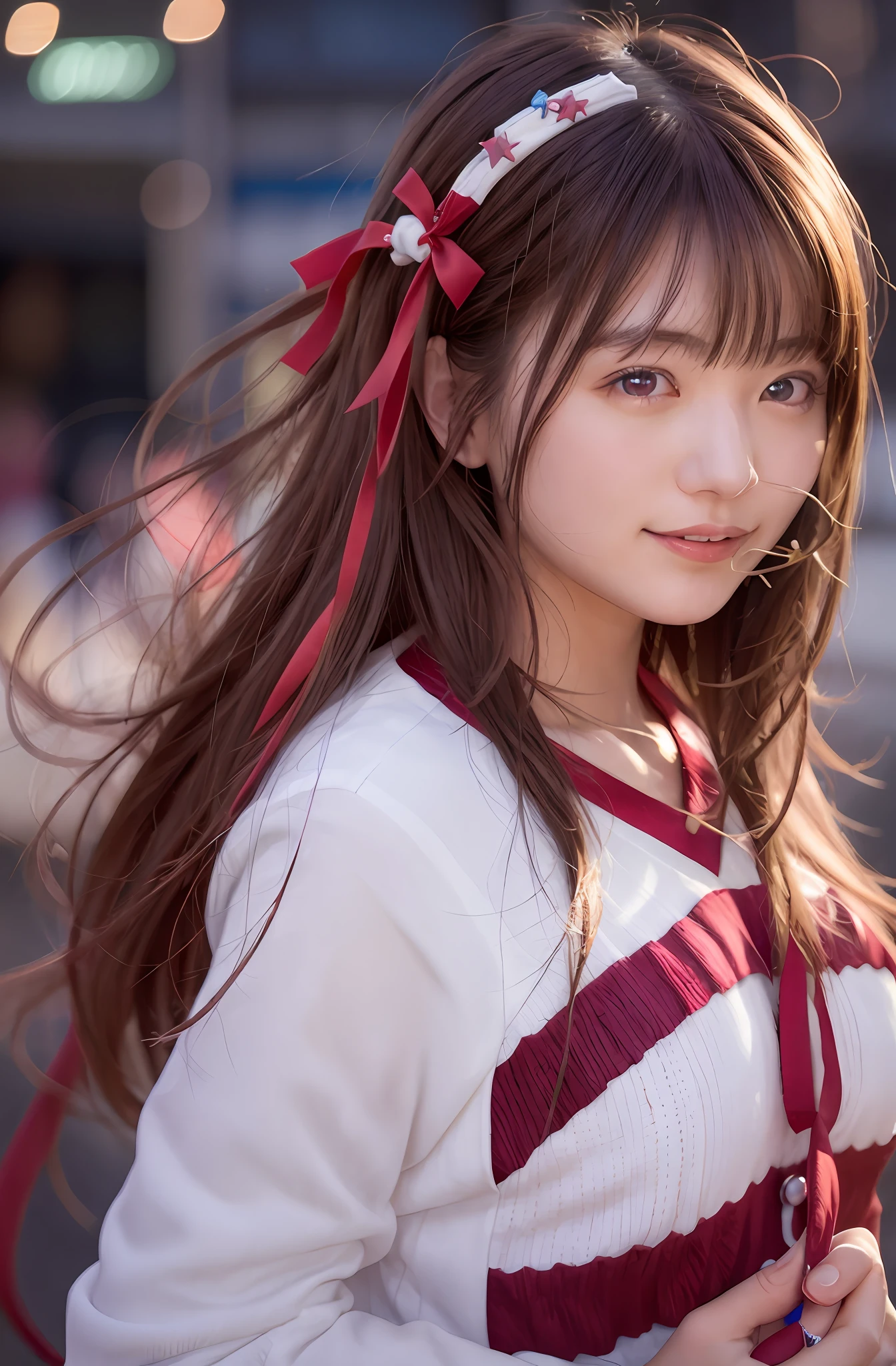 (extremely delicate and beautiful:1.2) 1 girl、bangs、blue eye、Blurry、Blurry、background blurred、ribbon、Brown hair、With mouth closed、from side、Hair between both eyes、Hair Ribbon、Lantern、Particles of light、long sleeve、Watching your audience、Medium hair、night、Red Ribbon、solo、star\ (Symbols\)、upper half body、a smiling look、Red lips、Blurred background,real　Live