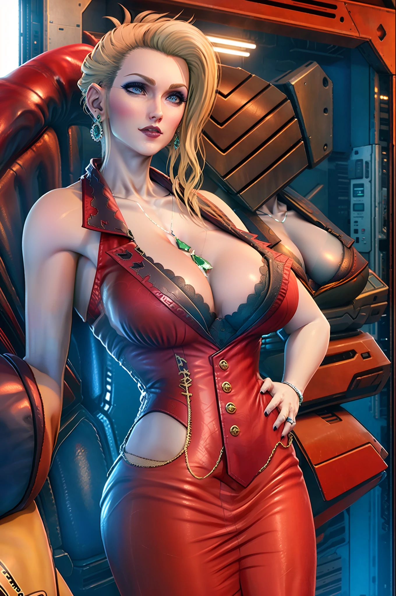 masterpiece, best quality,3d render ,3DMM style,close-up, 3D,1girl, solo, black hair, realistic, upper body, dark futuristic office background, makeup, (huge breasts) realistic natural breasts, cleavage, standing, arched back, cameltoe, (red micro bikini:1.3), (blonde hair clipped up:1.2) big ass, cleavage