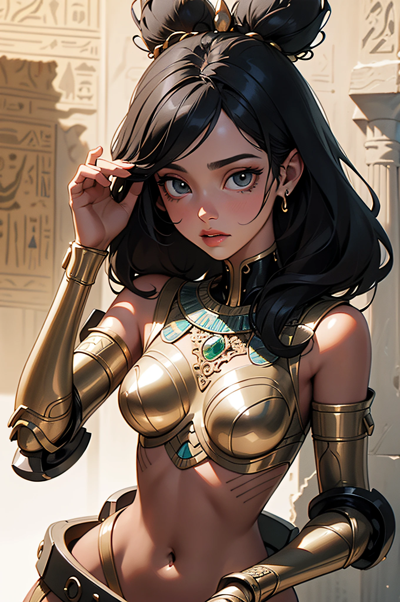 (Artwork of exceptional craftsmanship),[Detailed illustrations,Art based on extremely ideal anatomy,Very detailed and detailed drawing,Delicate lines with slow and rapid,Realistic texture expression],((Color tressed main line)),(Background of the ruins (Ancient Egypt)),[HENTAI ANIME Girl Beauty Cyborg ] ((Lustrous black hair) (Tanned skin)) ((captivating eyes:0.3)),(Bastet) Golden cybernean armor with sculptural decoration ((Intricate sculptural decoration with high skill)) (elegant,Gorgeous golden luster ((Polished reflective luster)),Gorgeous and luxurious),gravure,(Oparts Lost Technology (Hierograph)),((Perfectly proportioned:1.2)),((Fine and beautiful skin expression (Transparency))),(Design built to the highest level,((Advanced structural understanding of materials)),(Ideal color coordination)),((Intricate and beautiful decoration)) ((Dense detail)),(More on shiny hair),((Perfect hand details)),(Beautiful perfect face (Realistic face details:0.5)),((Clear gaze)),((long and beautiful eyelashes:0.4)),((Perfect eye details (Eyes beautifully drawn down to the smallest detail))),((extra detailed,High precision)),[(Precision Detail),((Multi-layered textures)),HighQuality,with high resolution],((Accurate simulation of light-material interactions,Understanding Airflow,Mechanically correct representation)),((Visual art that conveys a sense of narrative)).