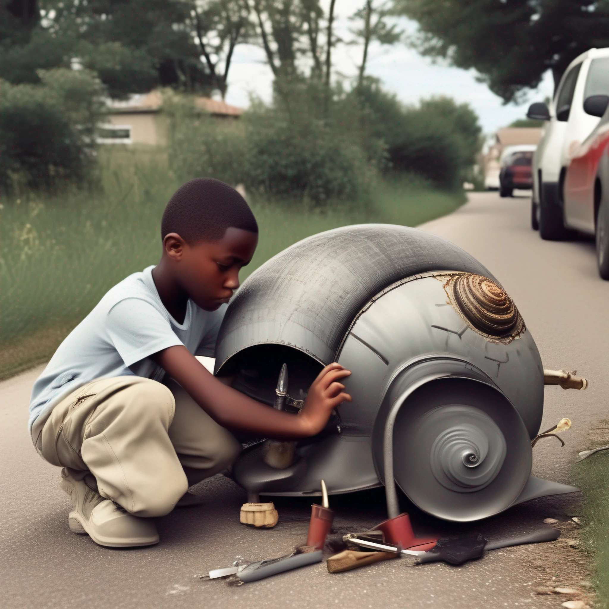 a rocket powered snail, broken down by the side of the road, a (((black))) boy is helping repair it
