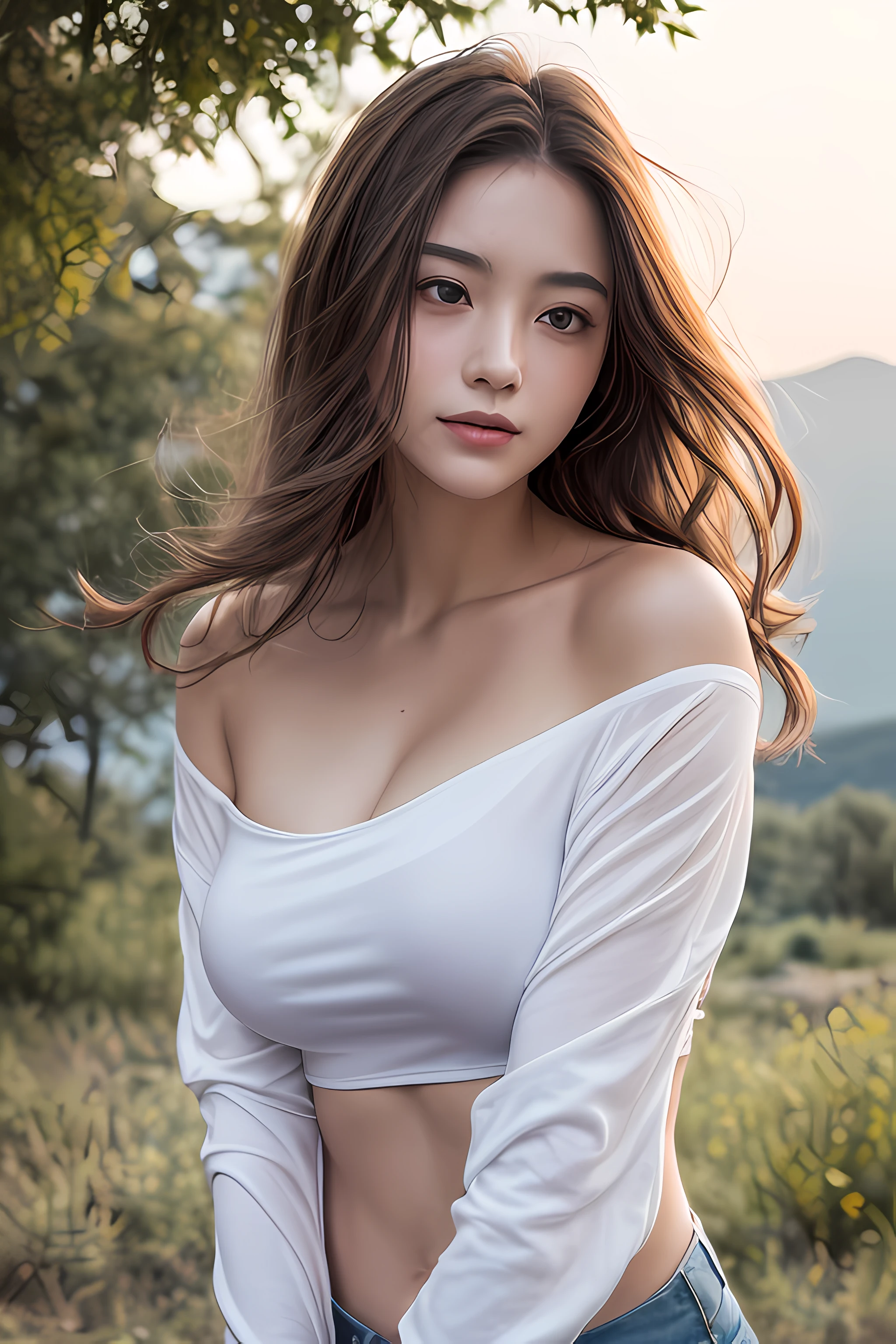 (( Realistic light, Best quality, 8k, Masterpiece :1.3)), 1girl, small mole under eyes, smile, closed eyes, small moles on the breast, Pretty woman with slender figure :1.4, abs :1.1, korean, pale-skined, (floatingwavy silk-brown hair, floating hair by wind, medium_breasts :1), (deep_cleavage), white offshoulder shirt:1.2, long sleeves wet by wind, (sweaty skin on breast:1), standing, night in the mountain, campfire light, Ultra-detailed face, Detailed eyes, Double eyelid, shiny skin, cowboy shot