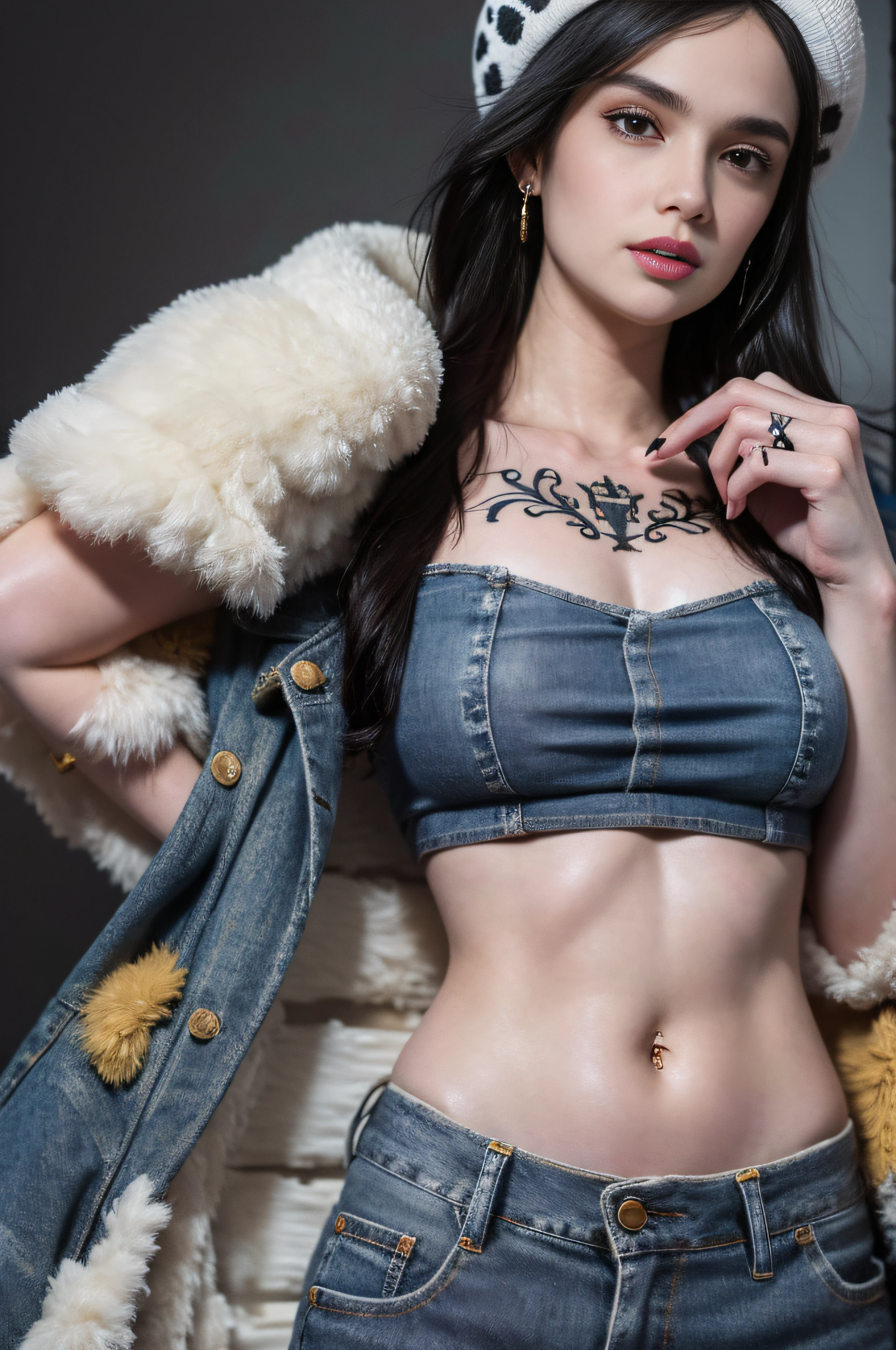 masterpiece, best quality, 8k,highestres, absurdres, extremely detailed, female trafalgar law, 1girl, 1sword, solo, looking at viewer, short hair, medium built, hat, navel, earrings, midriff, pants, coat, fur trim, denim, jeans, shoulder tattoo, hand tattoo, finger tattoo, black fur-trimmed coat, coat on shoulders, yellow tank top,///,