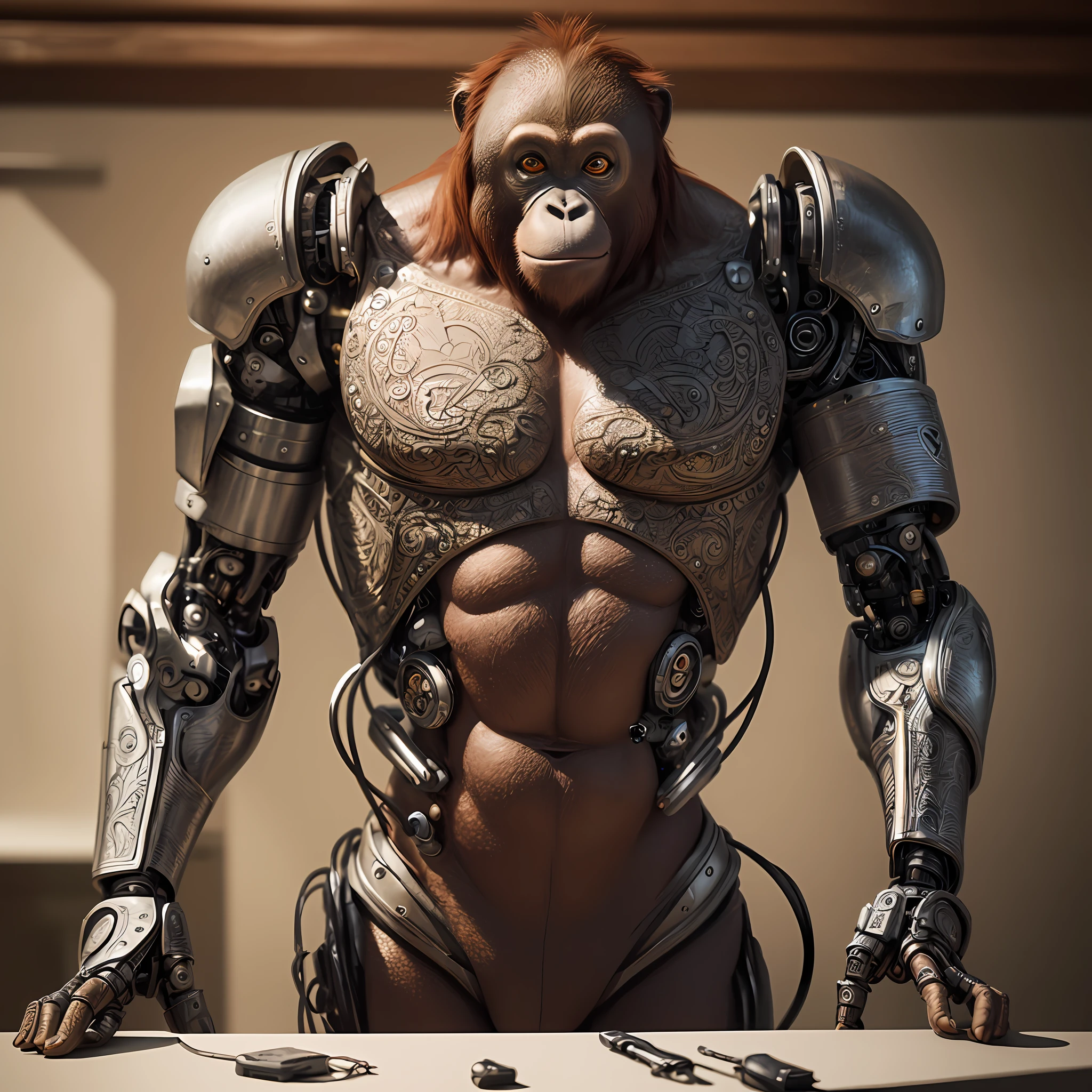 Cute orangutan, The whole body is made of metal, (A cyborg:1.1), ([tail | Detailed wire]:1.3), (intricate detail), HDR, (intricate detail, hyper detail:1.2), Cinematic Frame, vignette, in the center, “Hyper-realistic textures," "Exact Details,” “Realistic still life,” “Realistic portraits,” “Realistic landscapes." --auto