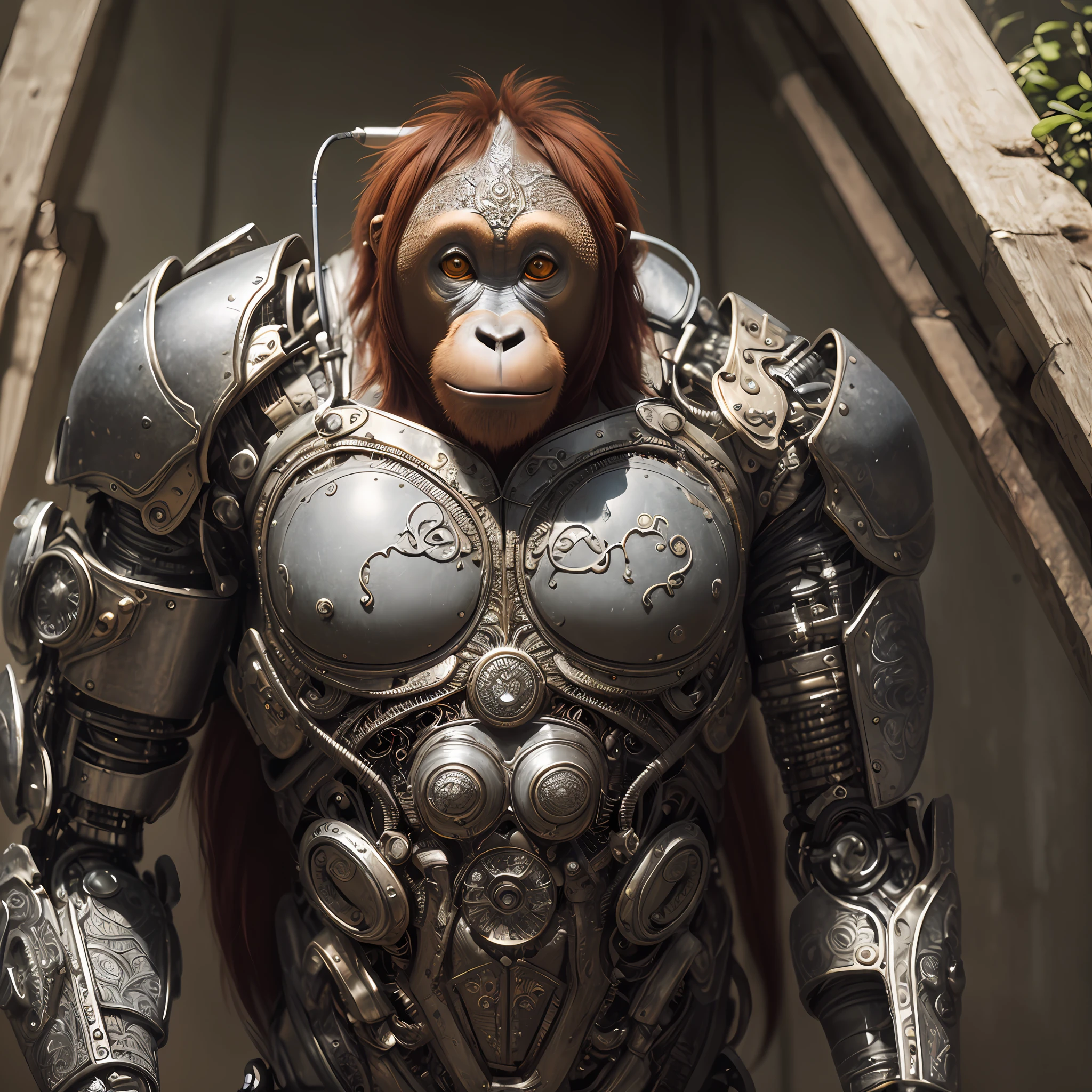 Cute orangutan, The whole body is made of metal, (A cyborg:1.1), ([tail | Detailed wire]:1.3), (intricate detail), HDR, (intricate detail, hyper detail:1.2), Cinematic Frame, vignette, in the center, “Hyper-realistic textures," "Exact Details,” “Realistic still life,” “Realistic portraits,” “Realistic landscapes." --auto