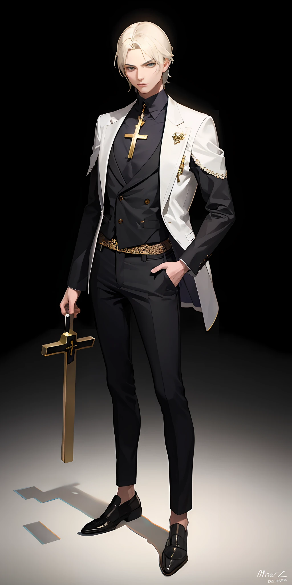 semi-realista,1man,roupas assustadora,fundo branco,clown ,corpo inteiro,assassino,cabelo metade verde,metade amarelo ,holding a cross in his hand,Serious,pants,Terno,cruz