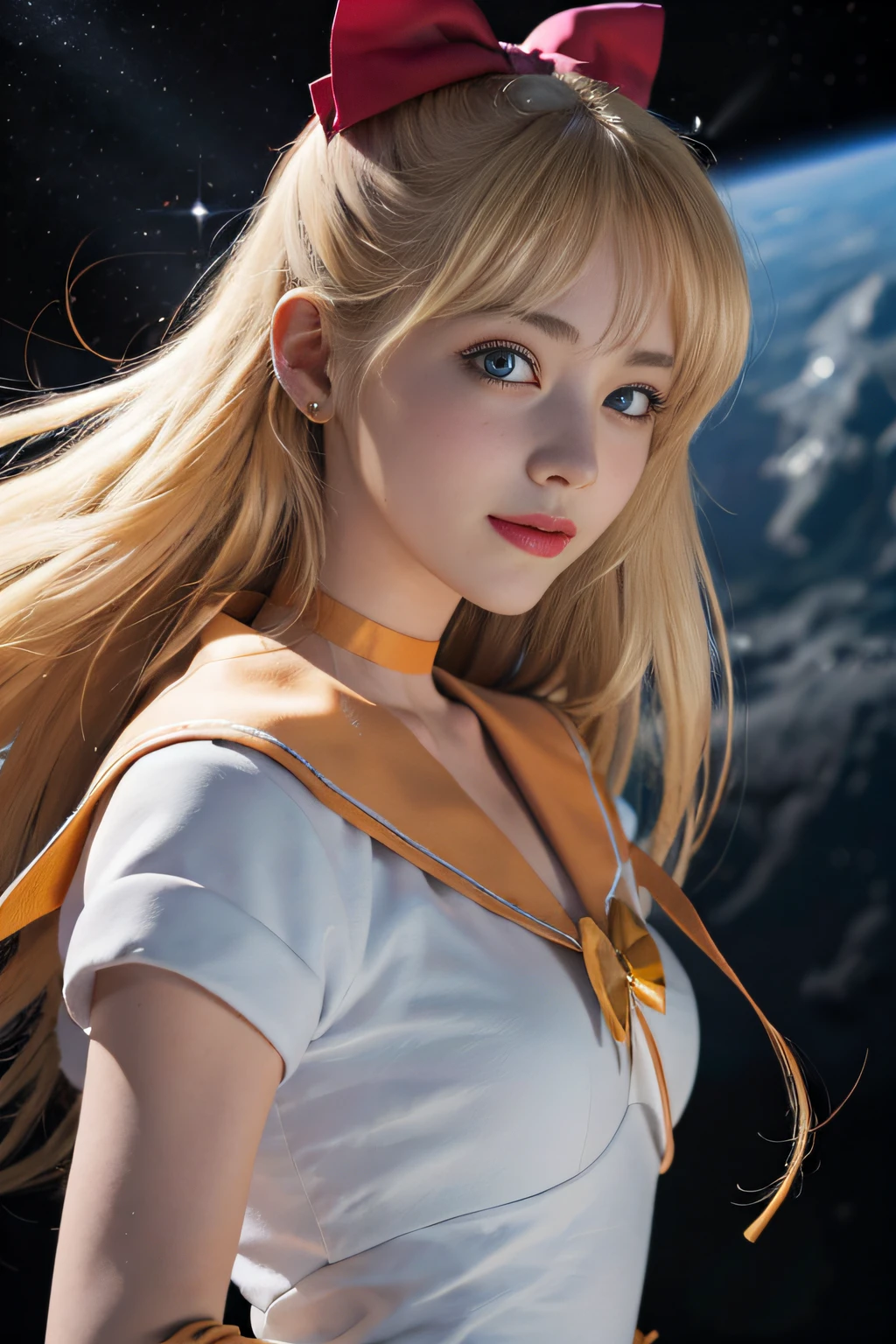 ((HD Real, SAMA1 level)), Extreme Real, Masterpiece, Best Quality, High Definition, SAMA1, Space, Stunning Beauty, Upper Body Photography, 1 Girl, Chest, Gloves, Lips, Solo, Sailor Venus, Light Blue Eyes, SM Uniform, mer1, Tiara, Sailor Senshi Uniform, (RAW photo, highest quality), Masterpiece, Blonde long hair, red ribbon on the back of the head, Orange sailor color, bow, choker, white gloves, orange choker, elbow gloves, jewelry, earrings, orange skirt, sole, full body, blonde hair, (perfect hands): 3.8, octane rendering, goddess of love, (close-up: 1.2) finely detailed beautiful eyes, close-up, small eyes, look viewer, to8contrast style, Octane line art, space background, Venus, light effect, orange, beautiful smile, lowered hand