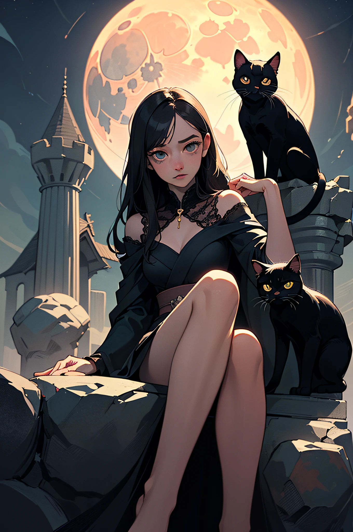 (artwork of outstanding craftsmanship),[Detailed illustrations, art based on extremely ideal anatomy, very detailed and detailed drawings, delicate lines with slow and urgent, realistic texture expression],(((Color tressed main lines))),(Midnight ruins (Background of a stone castle leaking in the moonlight)) Full Moon, Vampire Girl Japanese Beauty ((Beautiful but sick face, sunken eyes)) Skinny 13 years old (delicate and bony figure) Bare feet ((straight cropped bangs)) Fine beautiful straight long hair (black cat),(Beautiful skin shining on the moon (pale skin)),Cloak of darkness (ribbon lace embroidery),(ephemeral melancholy)) (Moonlight))) Gravure (Sedentary) ((Tyndale effect)),((Dark fantasy)),(( Perfectly proportioned proportions: 1.2)),(((Fine and beautiful skin expression (transparency))),(Design built to a high level,((Advanced structural understanding of materials)),(Ideal color coordination)),((Complex and beautiful decoration))),((Complex and beautiful decoration)),(Dense details),(Glossy hair details),((Perfect hand details)),(Beautiful perfect face ( Realistic face details: 0.5)),((Clear gaze)),(((Long and beautiful eyelashes: 0.4)),((Perfect eye details (beautifully drawn eyes))),((Detail,High definition)),[(Precision detail),((Multilayer texture)),HighQuality,High Resolution],((Accurate simulation of light-material interactions, understanding of air flow, Mechanically correct expression)),((Visual art that conveys a sense of narrative)).