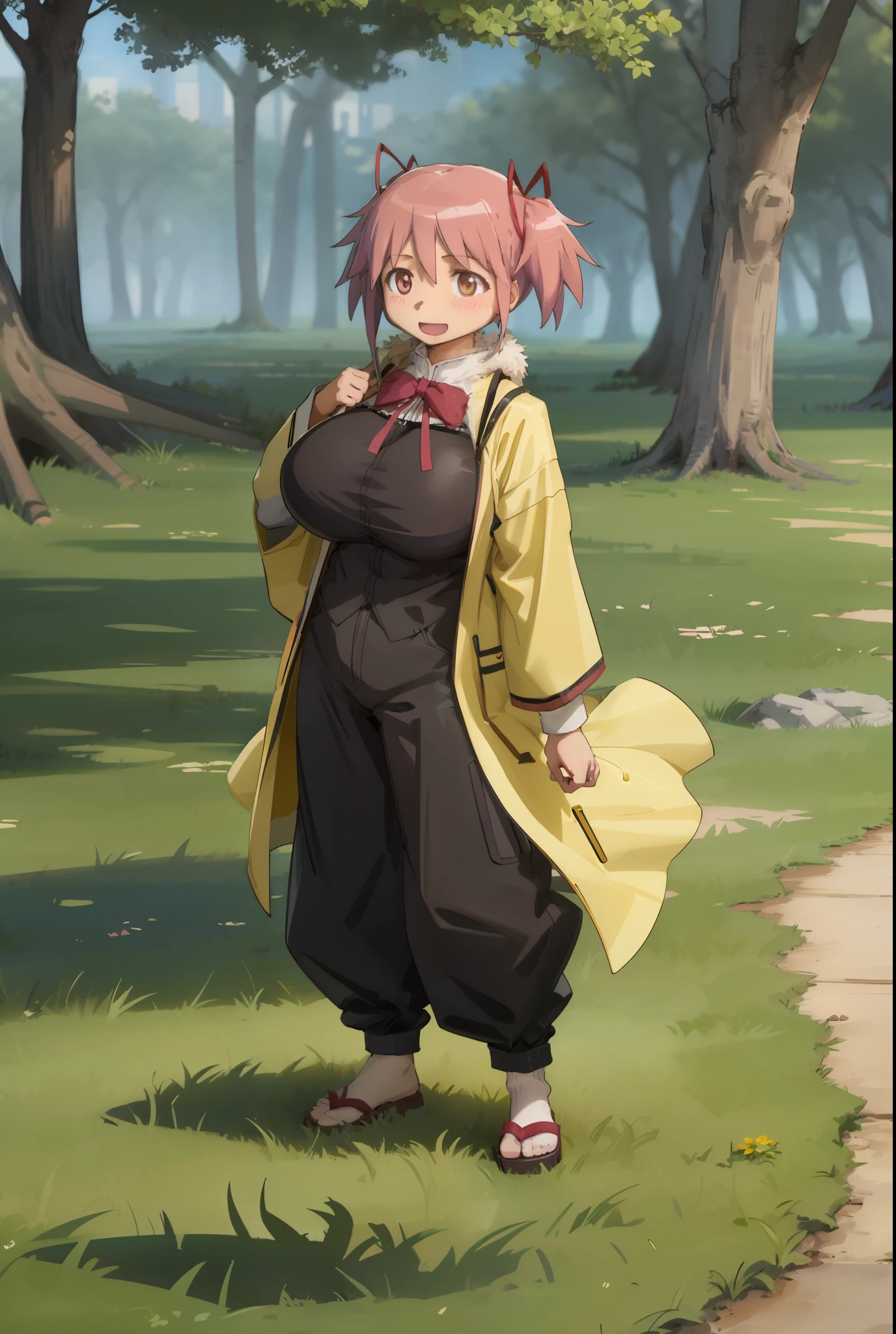 1girl, solo, madoka, school uniform, black skirt, happy,, tomboy, short hair, musclegirl,huge breast,kemono mimi,full body suit,kimono, alone, , village waiting to st, long dress, full clothed,yellow eyes,pole-shirt, militari uniforme,fur clothing,, village, forest,, pants, long skirt, long dress, long robe, coat, vest, butler,village, forest, europe,