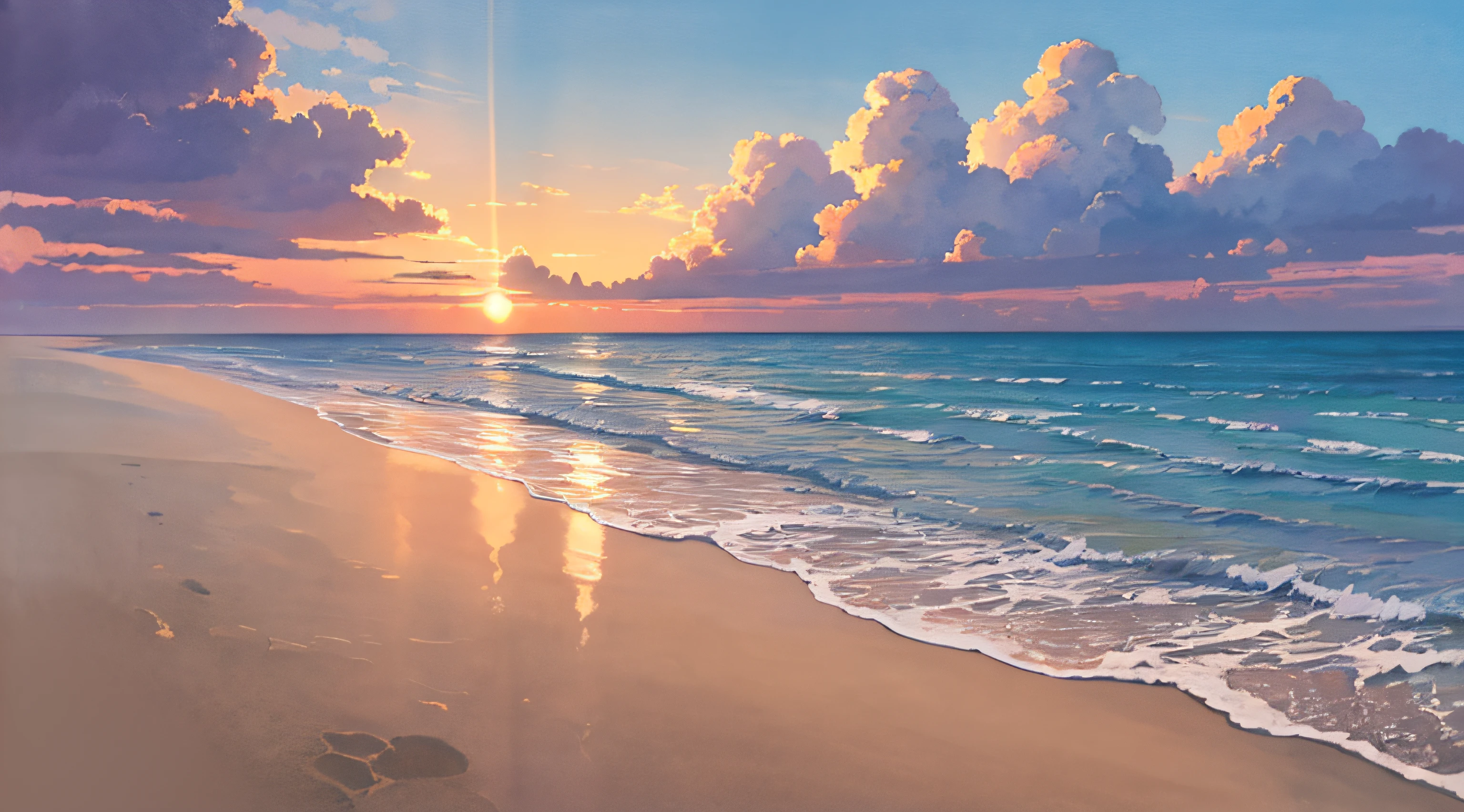 calm sea, crystal clear sea, white sand, resort, (sunset: 1.2), ((natural lighting)), clear focus, (long shot: 1.1), watercolor, painting, (summer: 1.2), incoming clouds, horizon