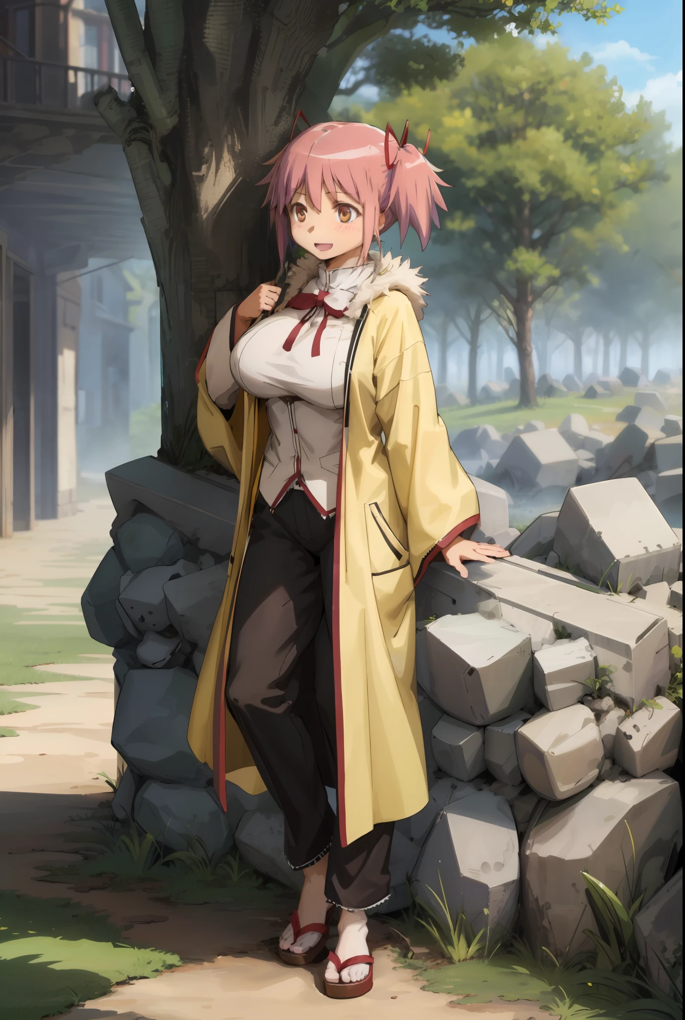 1girl, solo, madoka, school uniform, black skirt, happy,, tomboy, short hair, musclegirl,huge breast,kemono mimi,full body suit,kimono, alone, , village waiting to st, long dress, full clothed,yellow eyes,pole-shirt, militari uniforme,fur clothing,, village, forest,, pants, long skirt, long dress, long robe, coat, vest, butler,village, forest, europe,