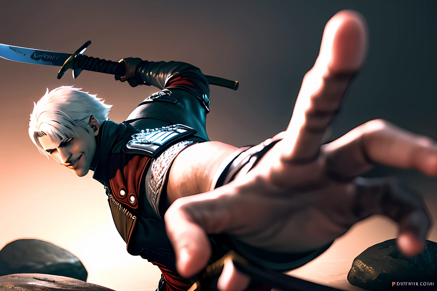 ((best quality)), ((masterpiece)), (detailed), ultra detailed, close up, low contrast, PepePunchMeme, Dante Devil May Cry, 1boy smile, ((holding sword)),(loose white hair), blurry background, roots, rocks