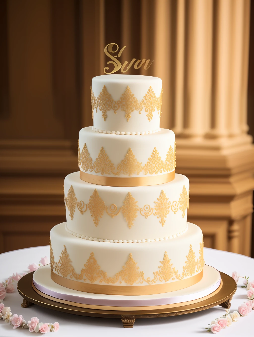 Masterpiece, Minimalism, close-up view, product close-up photo extremely detailed, beautiful and luxury designed traditional grandeur wedding cake, laces, flowers, richly decorated, 8k, uhd, soft lighting.