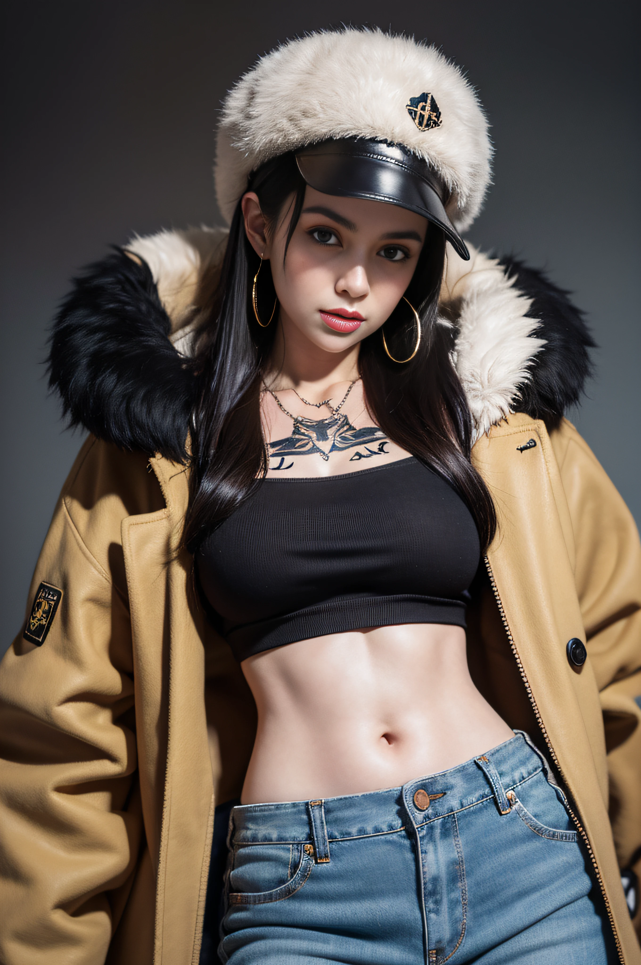 masterpiece, best quality, 8k,highestres, absurdres, extremely detailed, female trafalgar law, 1girl, 1sword, solo, looking at viewer, long hair, medium built, hat, navel, earrings, midriff, pants, coat, fur trim, denim, jeans, shoulder tattoo, hand tattoo, finger tattoo, black fur-trimmed coat, coat on shoulders, yellow tank top,///,