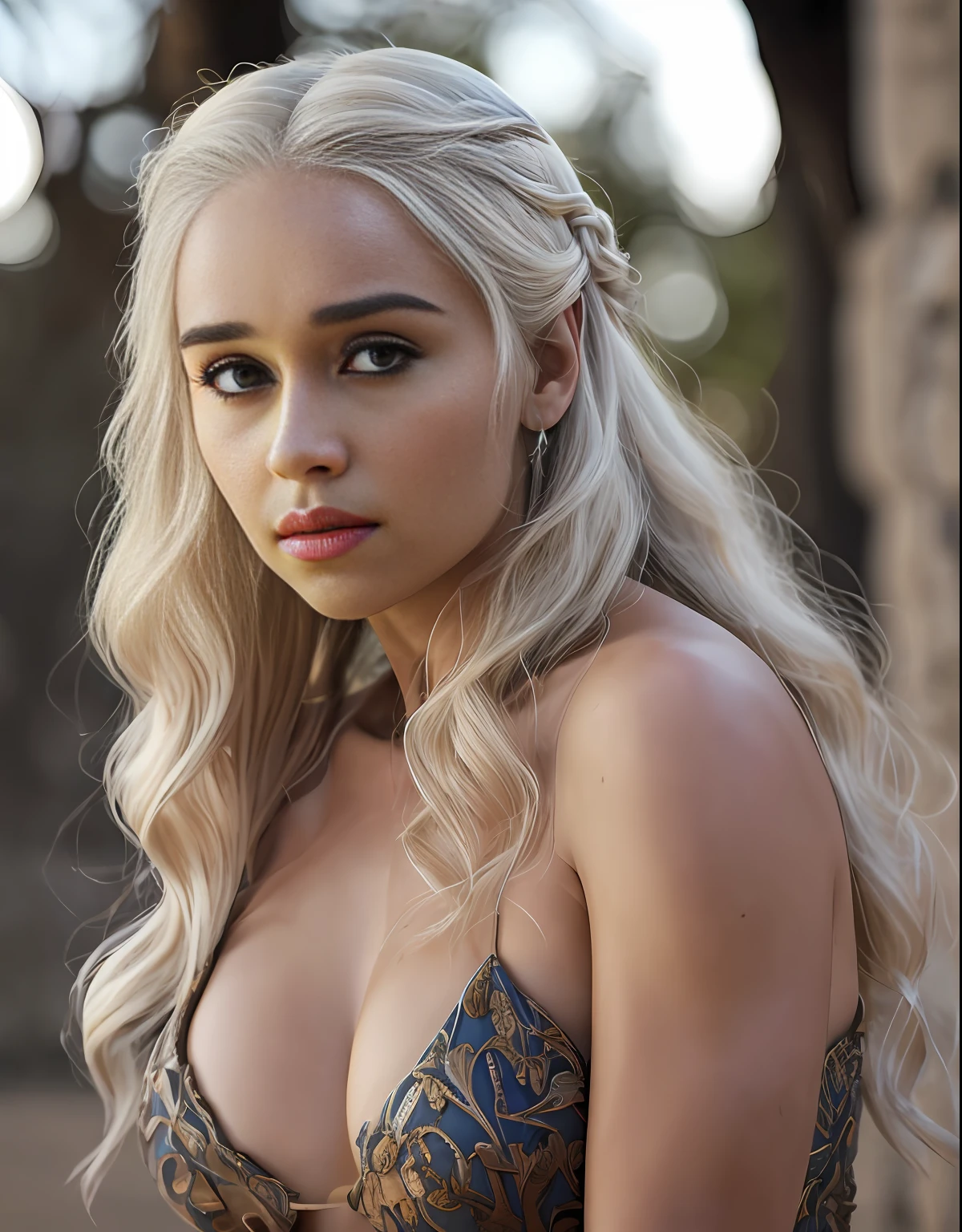 CORPO INTEIRO de [Daenerys Targaryen|Emília Clarke], corpo inteiro caminhado no castelo, roupas medievais, ((photo the Behind)), Linda, sexy, 1******, Realistic proportions, alunos realistas, Paleta limitada, alto, cinematic lighting, 8K resolution, Luz frontal, nascer do sol, Foto RAW, Nikon 85mm, Concedido, Fotografia Glamour, extremamente detalhado, belo ucraniano, Awesome, Noth-Yidik, foto crua de corpo inteiro de Daenerys Targaryen, altamente detalhada, Artstation, liso, Crisp Focus, 8k,, Trending on Instagram, Trending on Tumblr,  HDR 4K, 8k,