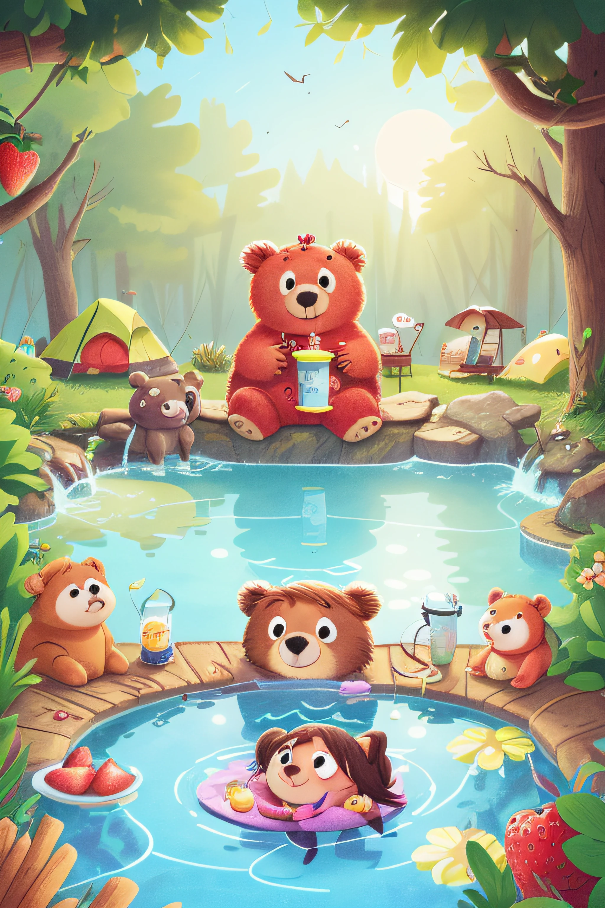 A strawberry bear is camping,kids,Hot spring pool,