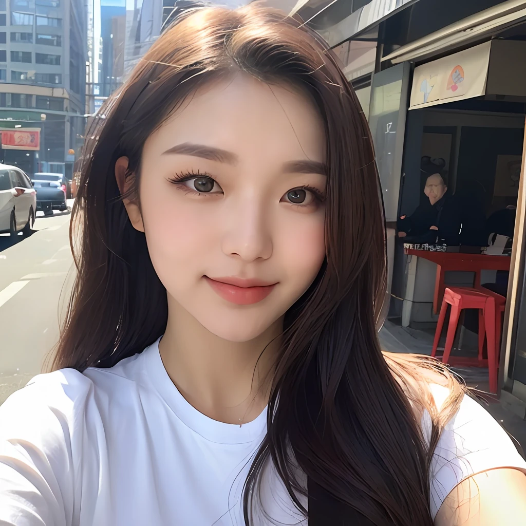 (During the Day, Need, 8k, A Masterpiece:1.3)), Smileing,all body, Long legs, focal length:1.2, Perfect body beauty:1.4, Slim abs:1.1, ((Dark brown hair, Big big tits:1.2 )), (White tight tshirt, jeans, standing a:1.2), ((The city, out door:1.3)), Highly detailed facial and skin texture, detailed eye, Double eyelid