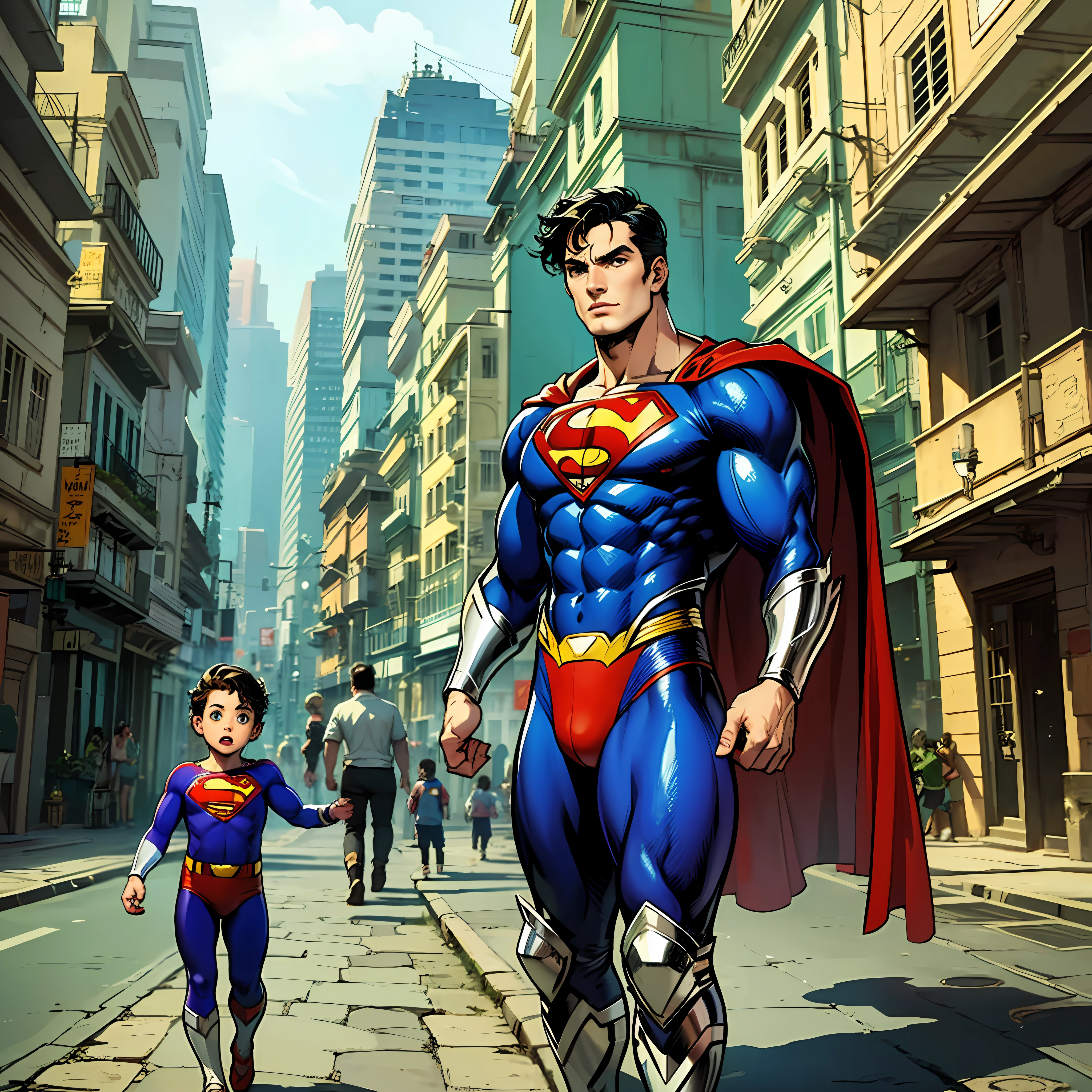 Create the Christopher Reeves de óculos Superman with Brazilian traits, in the setting of Rio de Janeiro, em cores verde e amarelo, with background with children