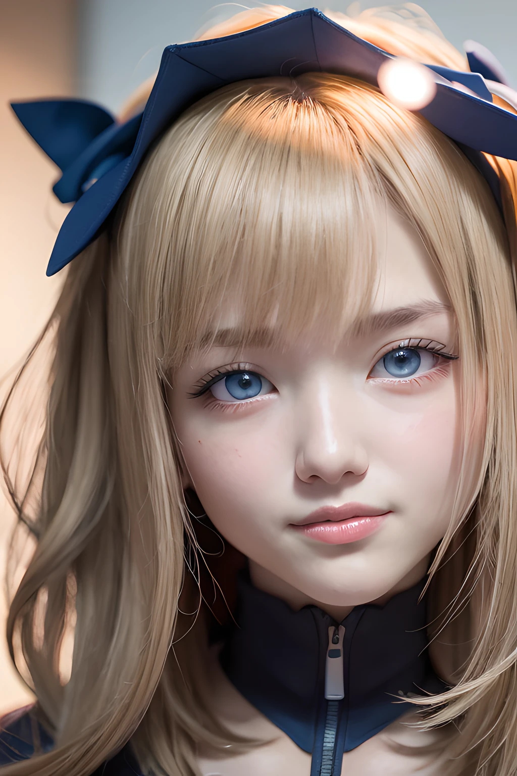 Global Illumination、A masterpiece、maximum quality、Full polygon、Smoothing、Fine touch、semi long、Blonde hair、With bangs、blue eye、Happy smile、Night light