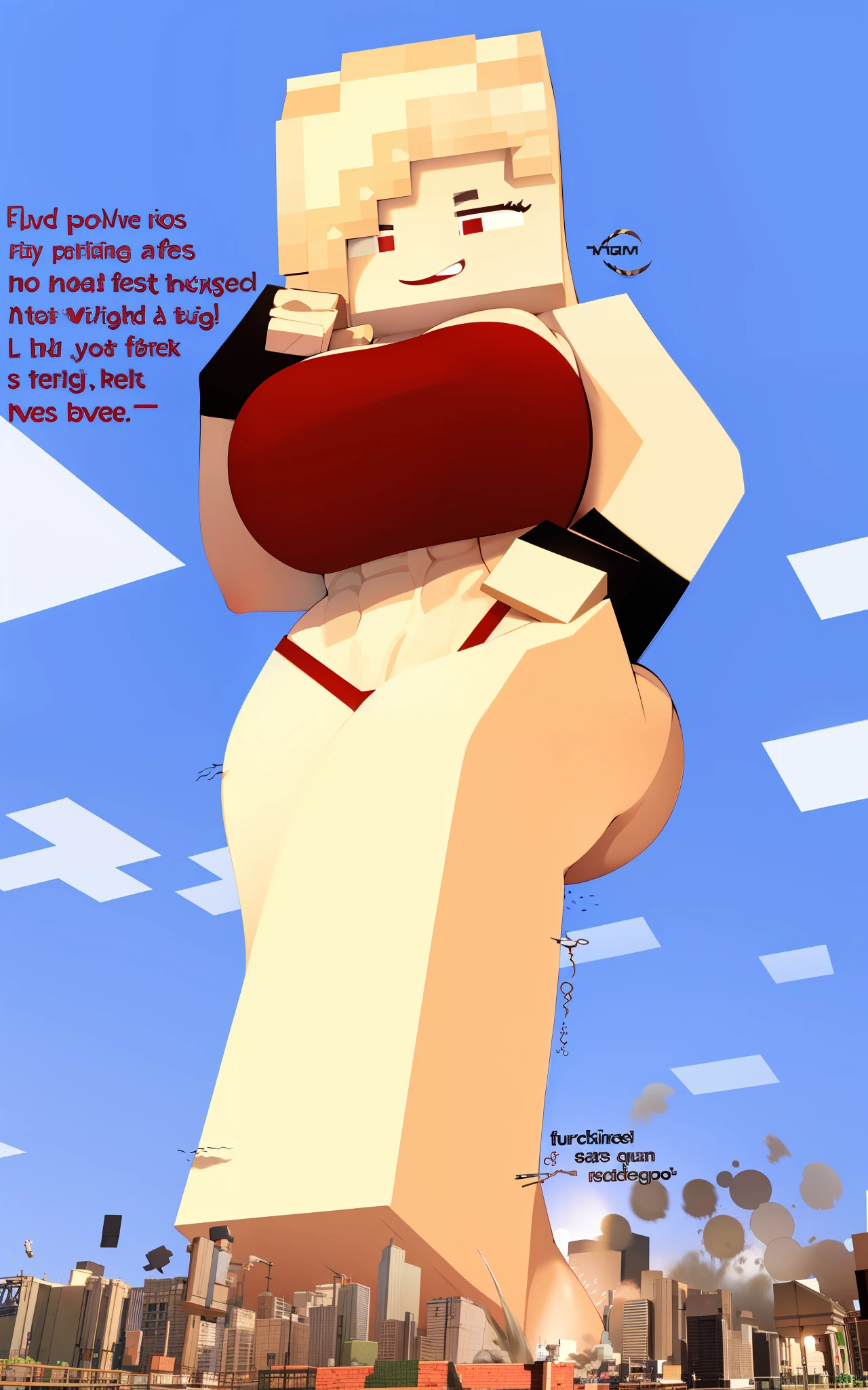 Cartoon illustration of a woman in a red dress, Giant Art, Giant, Macro Giant, Giant Shot, 2b, 2b, Very detailed giant shot, Negao, Hot Fire Giant, Insanely bulging ass, (SFW) Safe at work, Sky!, [Digital Art]!, Telegraph:: Sunny weather::, giantess, huge breasts, bursting breasts, buff, big muscles, thick arms, big biceps, big deltoids, big trapezius, abs, obliques, midriff, thick thighs, muscular/strong legs/thighs, muscular/strong calves, (showing abs), masterpiece, high quality minecraft 3d rendering, high quality minecraft screenshots, smiling