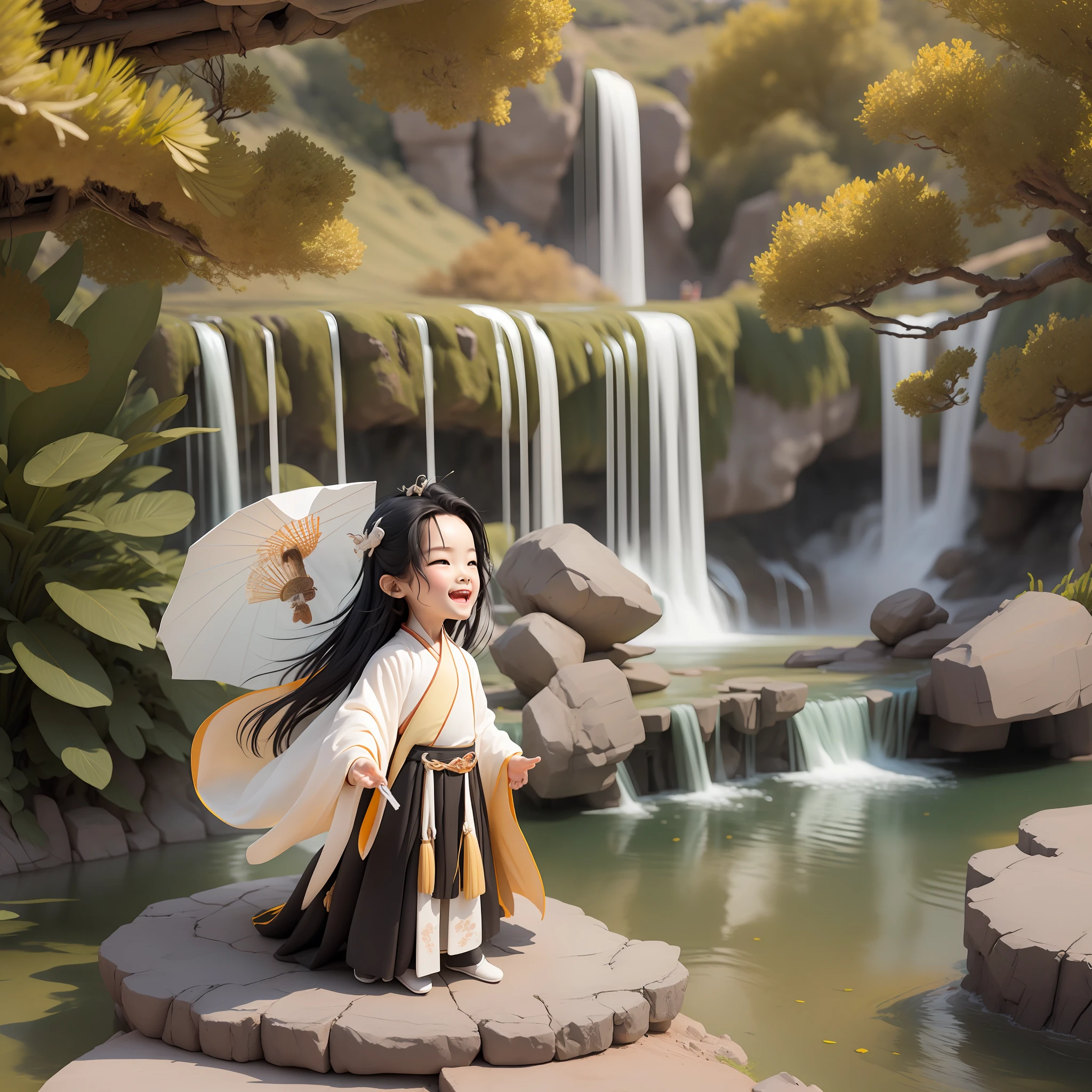 (Masterpiece),(Need),(Super meticulous),(all body:1.2),（6  boy，with long black hair，Pure white Hanfu，Laugh，Stand beneath cliffs and waterfalls，Chibi T-Shi，Full body，