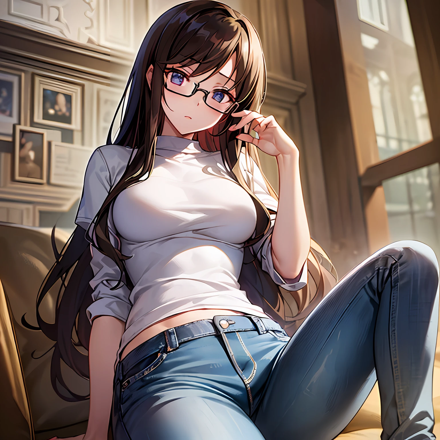 ultra- detailed、((Master Masterpiece、maximum quality、extra detailed))、Hard rim lighting、((Dramatic lighting))、Sharp focus、One Girl、Code Geass、C.C.、Dark hair、Black-rimmed glasses、The whole body、Shirt、jeans、Small breasts、Slender