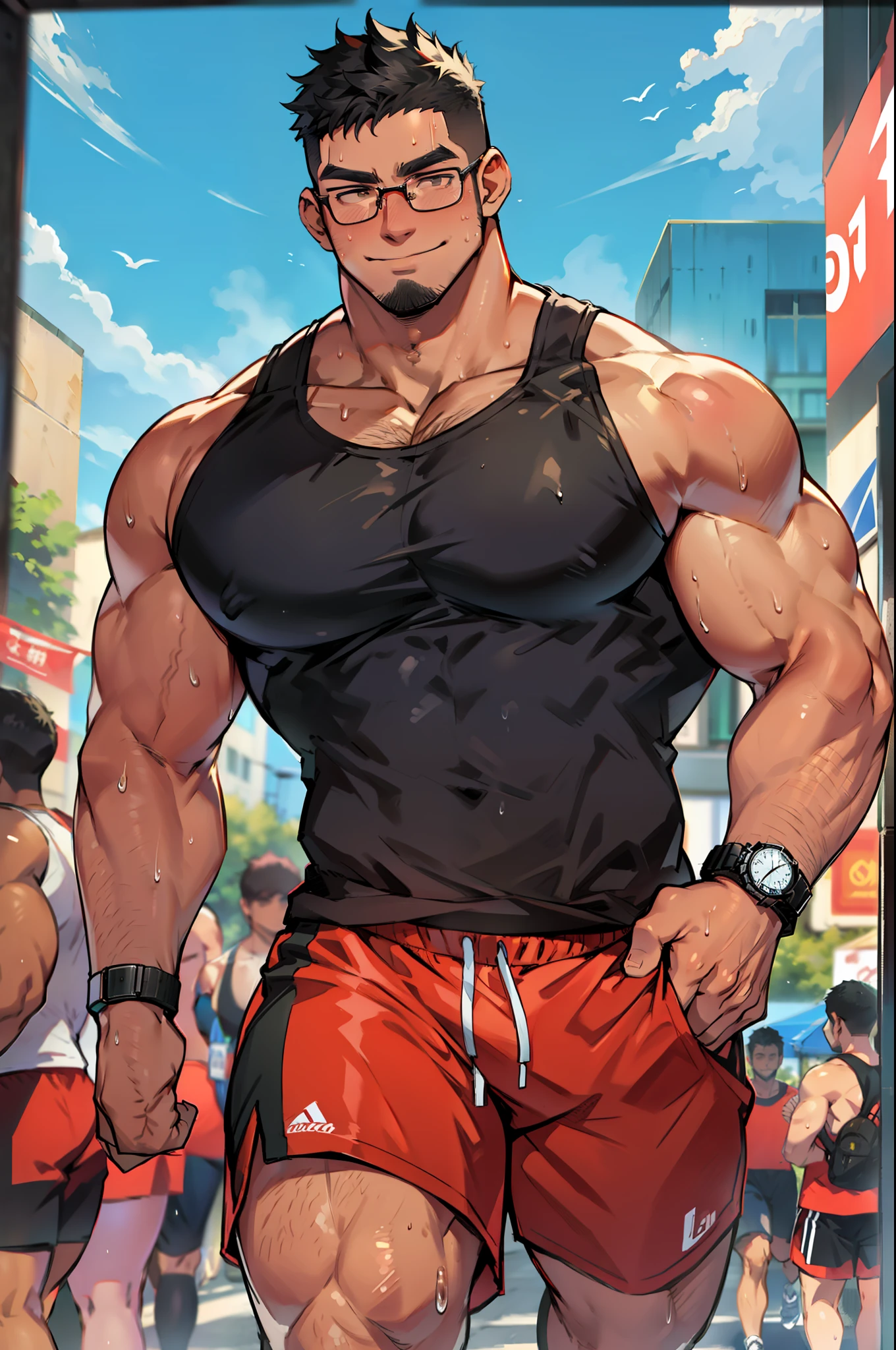 4k, masterpiece, high resolution:1.2, 1 man, 42 year old, solo, bara, muscular!!!, really tall, big physique (beast), bulk, hairy body, crew cut hair, facial hair, black hair, cute smile, friendly, running in a park, wearing red running shorts, wearing a big long black tank top, wearing a smart watch, sweaty body, wearing glasses, ultra detailed, flat style