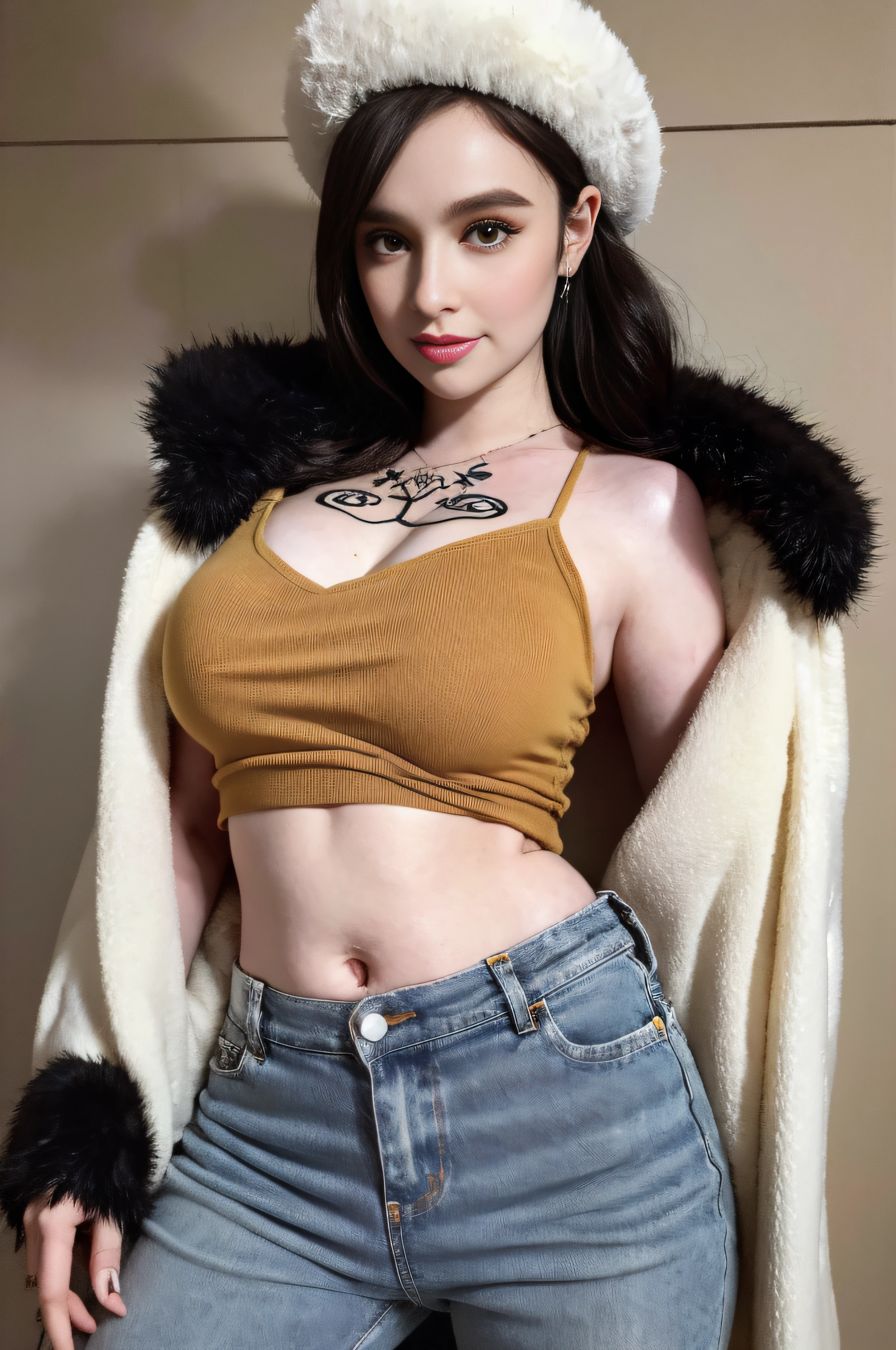 masterpiece, best quality, 8k,highestres, absurdres, extremely detailed, female trafalgar law, 1girl, holding a sword, solo, looking at viewer, long hair, medium breasts, hat, navel, earrings, midriff, pants, coat, fur trim, denim, jeans, shoulder tattoo, hand tattoo, finger tattoo, black fur-trimmed coat, coat on shoulders, yellow tank top,///,
