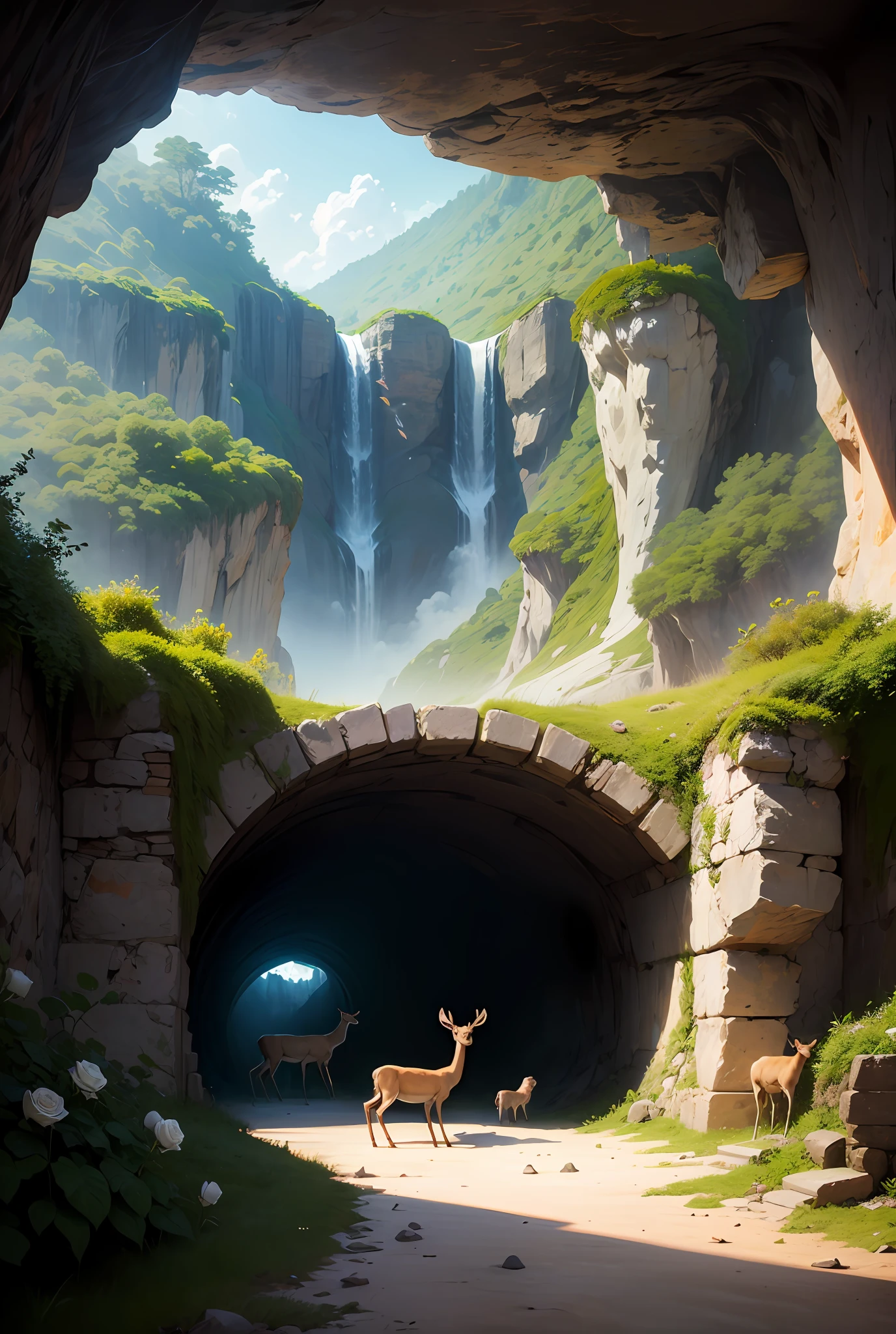 Paradise landscape with deer, white roses and butterflies trapped in an underground cave --auto