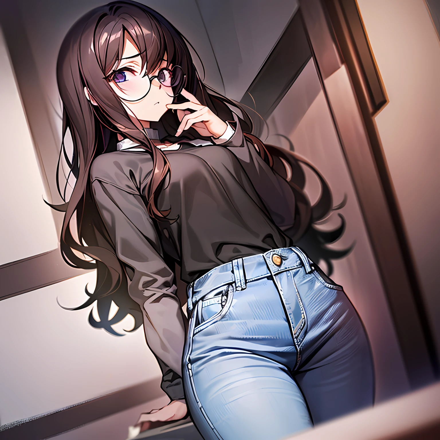 ultra- detailed、((Master Masterpiece、maximum quality、extra detailed))、Hard rim lighting、((Dramatic lighting))、Sharp focus、One Girl、Code Geass、C.C.、Dark hair、Black-rimmed glasses、The whole body、Shirt、jeans、Small breasts、Slender