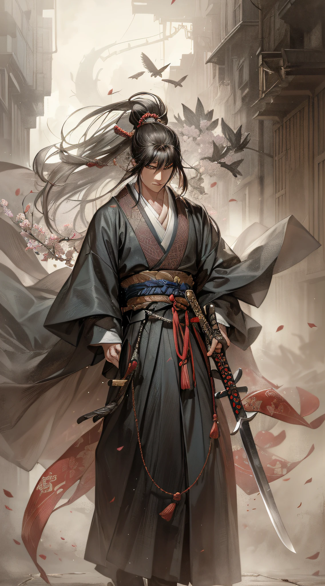 A samurai,long-haired,Hanfu,robe,Sword,Handsome face shape,Lifelike:1.2