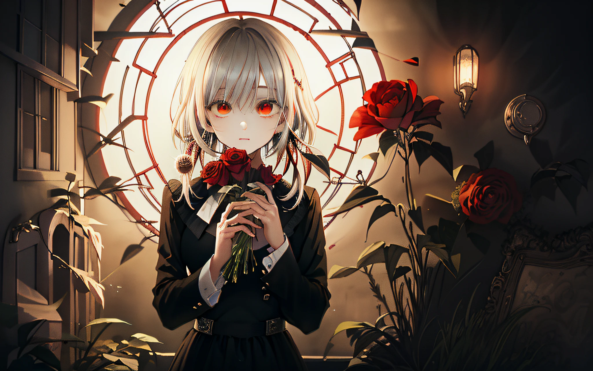 (best quality, masterpiece), (1girl, solo, black dress, standing , looking at viewer, white hair, red eyes, holding rose, upper body), (red dreamcatcher behind, red flower, ,starlight sky )